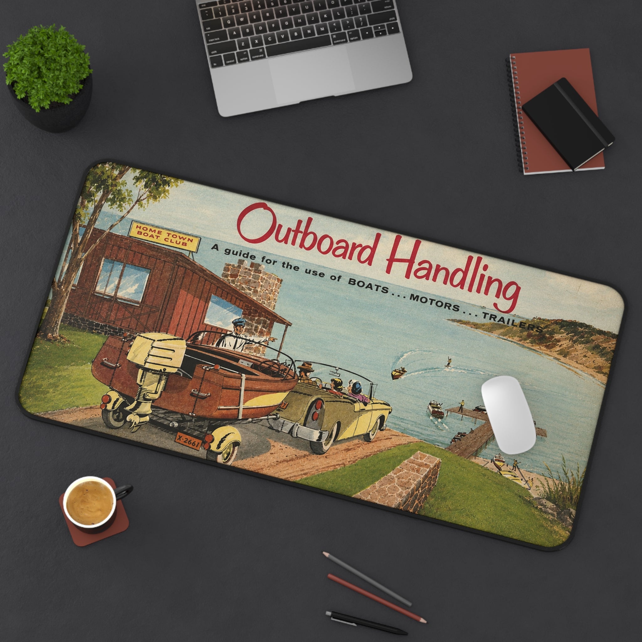 Vintage Outboard Handling Guide 1950s Desk Mat - Thick Stiched Edge Desk Mat