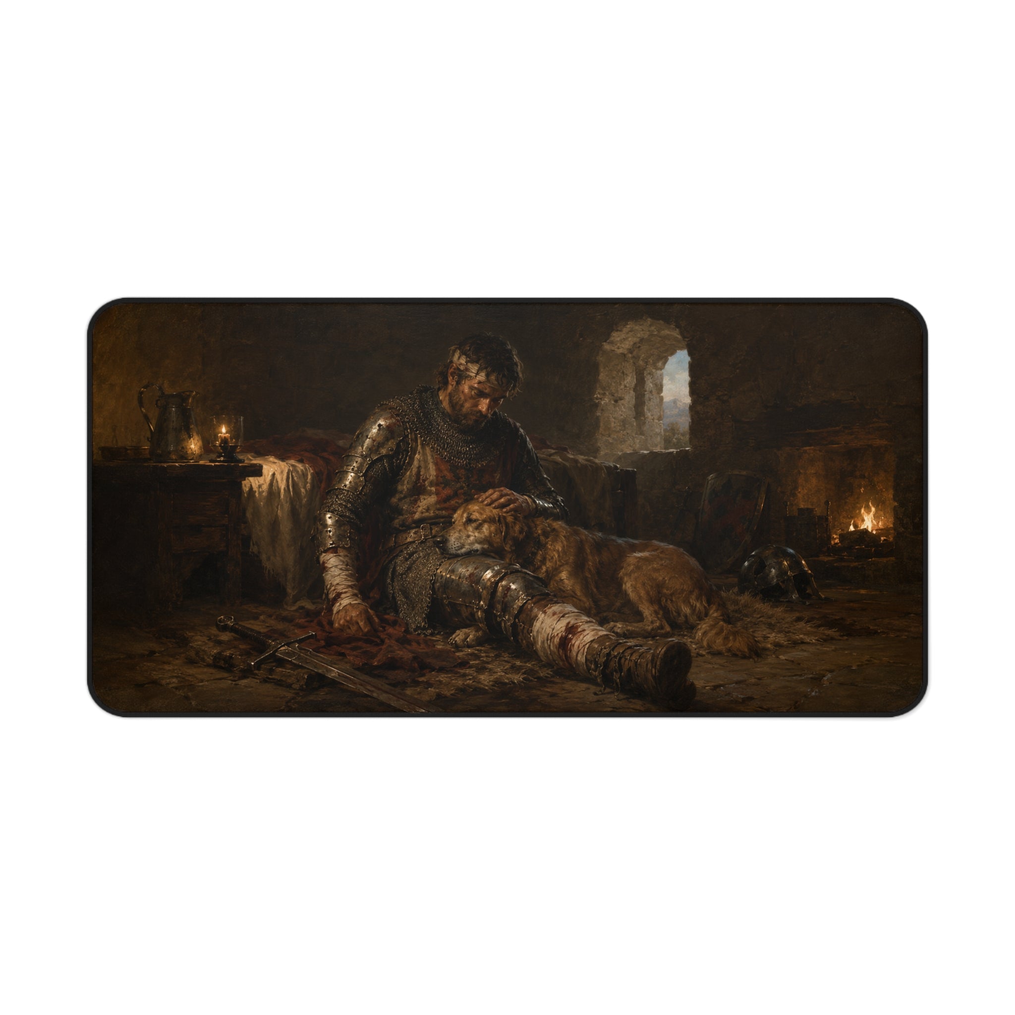 Knight and Dog Painting Desk Mat | Medieval Armor, Rustic Oil Art