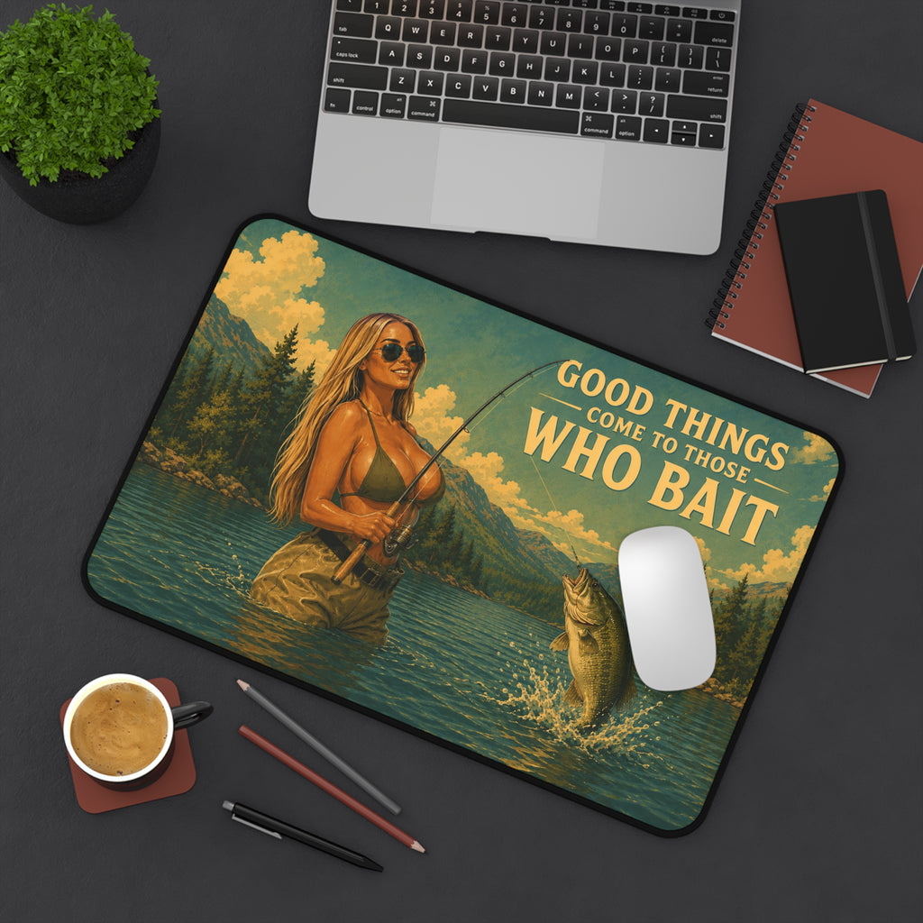 Good Things Come to Those Who Bait Desk Mat | Fishing Retro Lake Illustration