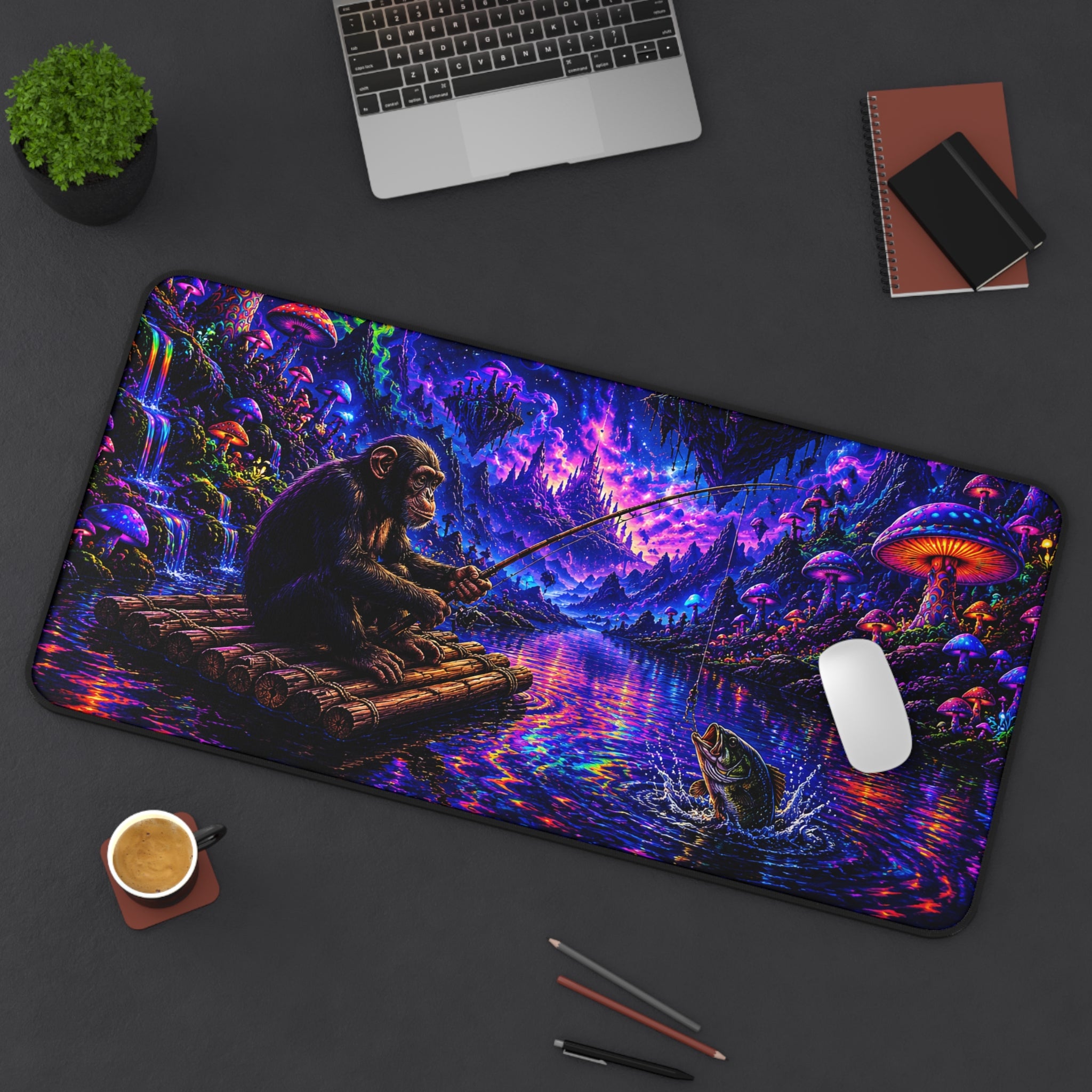 Psychedelic Night Fishing Desk Mat — Neon Mushroom Galaxy Mouse Pad
