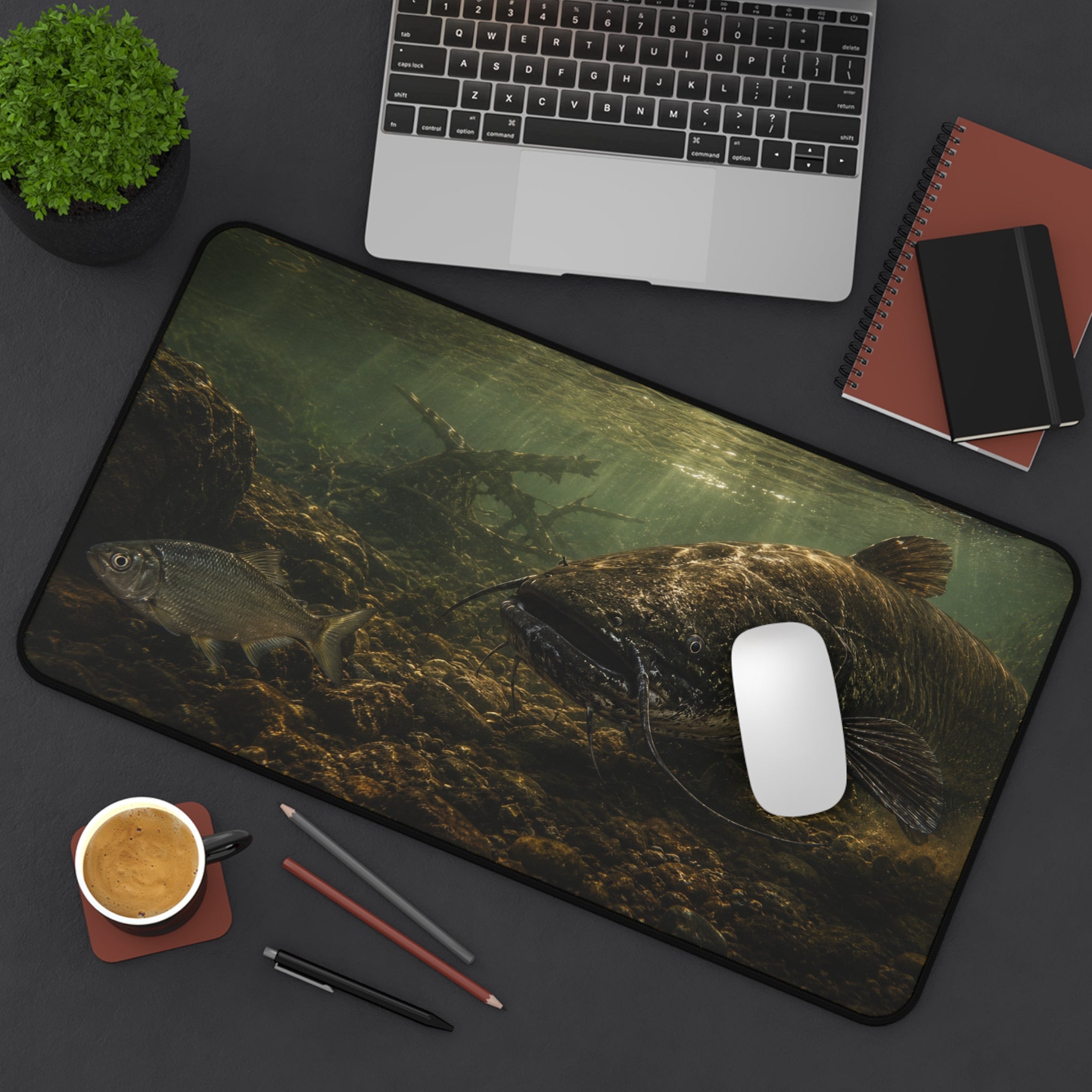 Dark Catfish Desk Mat — Thick Stitched Edge Gaming Desk Mat with Original Artwork