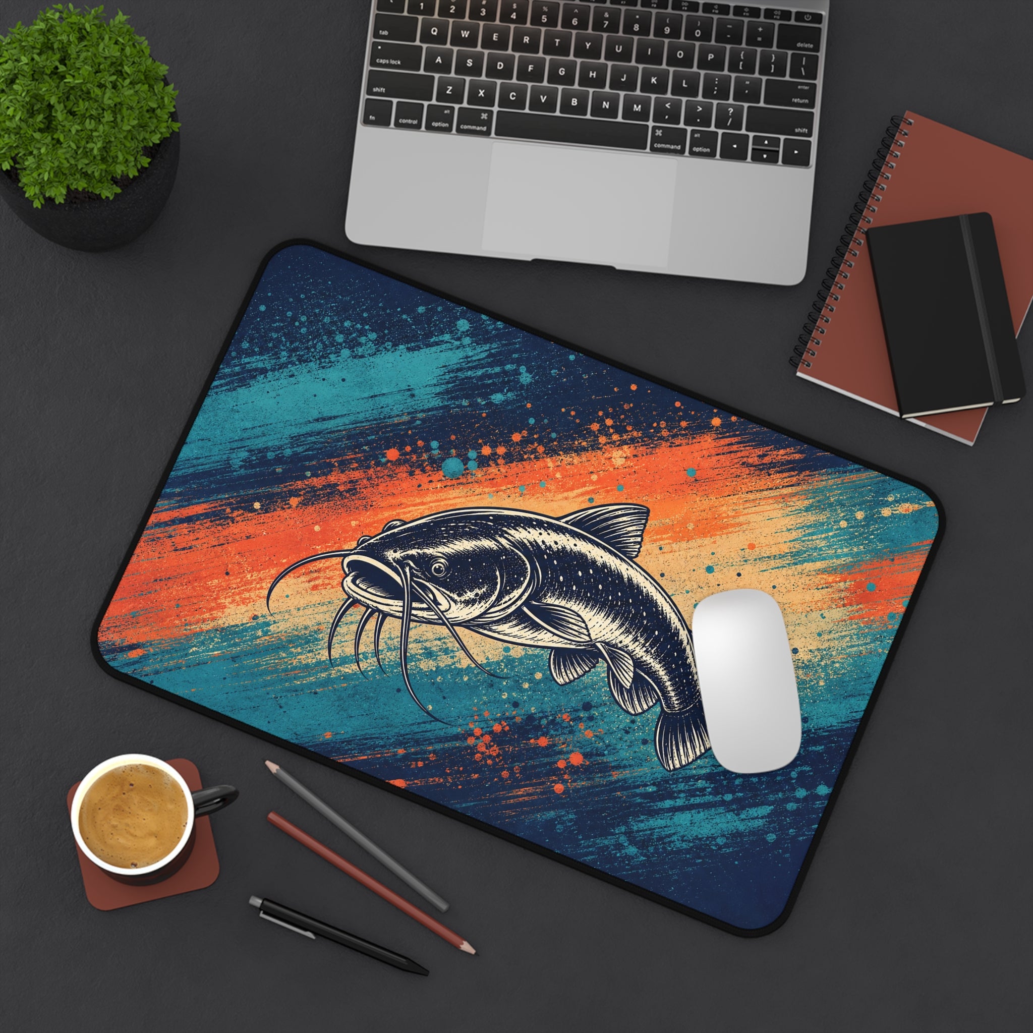 Catfish Chaos Desk Mat, Fishing Mouse Pad, Colorful Catfish Art Desk Pad, Angler Gift, Outdoor Office Decor, Oversized Gaming Mat