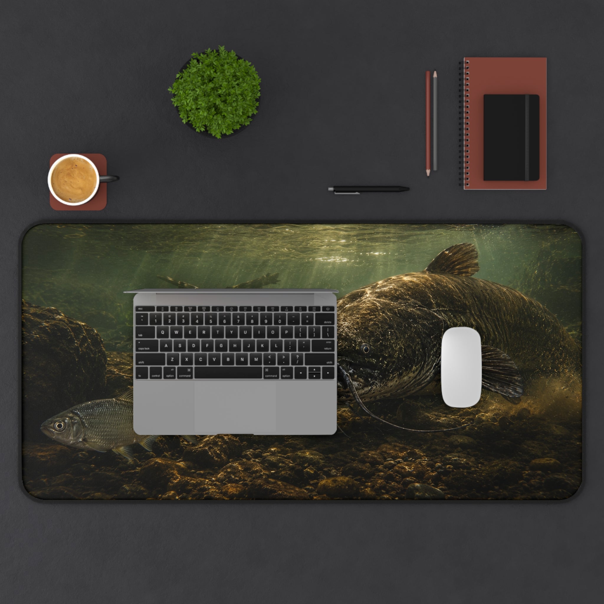 Dark Catfish Desk Mat — Thick Stitched Edge Gaming Desk Mat with Original Artwork