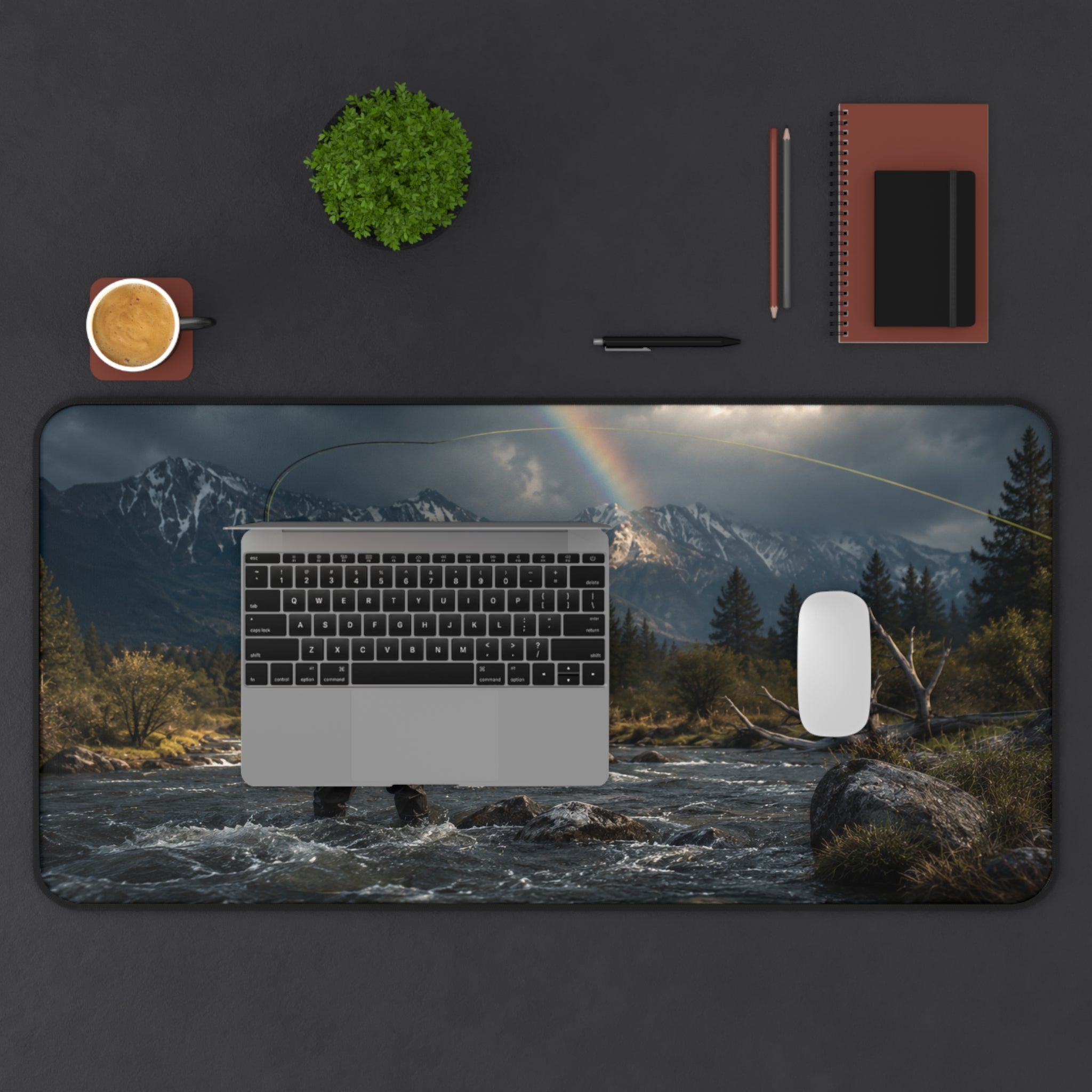 Fly Fishing Desk Mat, Fly Fisherman Gift, Mountain River Mouse Pad, Trout Angler Gaming Mat, Rainbow Fishing Office Decor