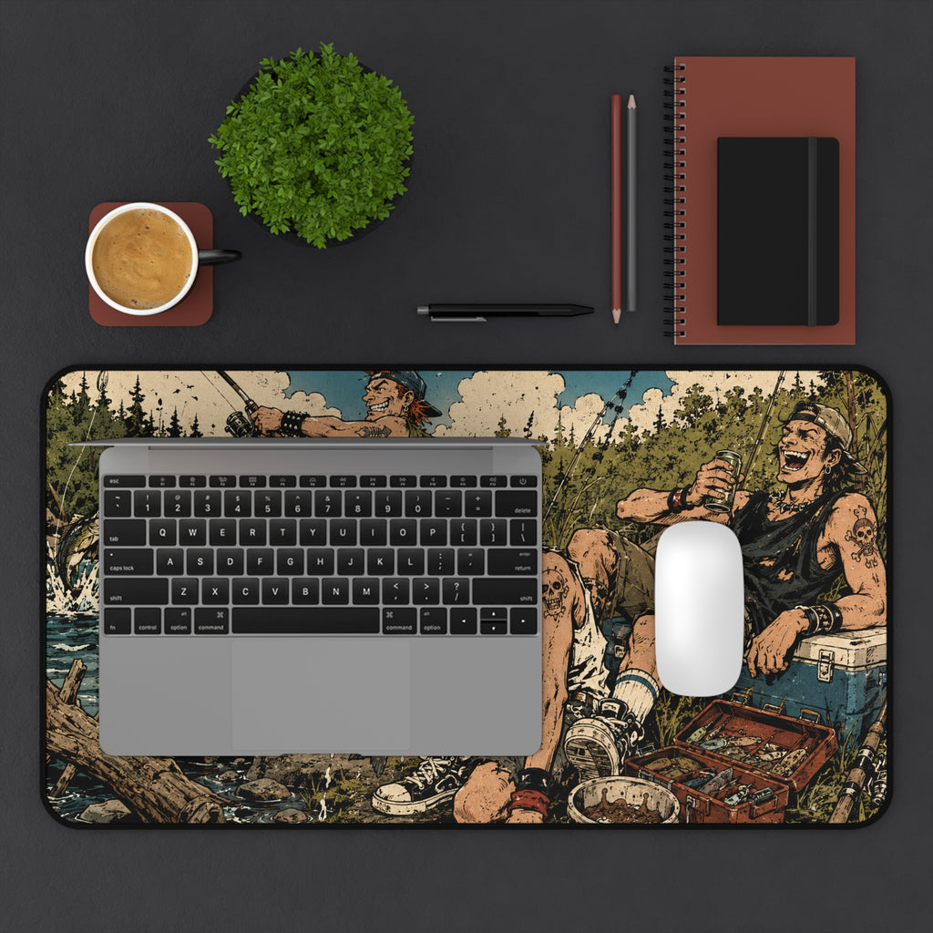 River Rats Fishing Desk Mat, Punk Anime Angler Mouse Pad, Rustic Outdoor River Scene, Fisherman Gift, Large Gaming Mouse Pad, Office Decor