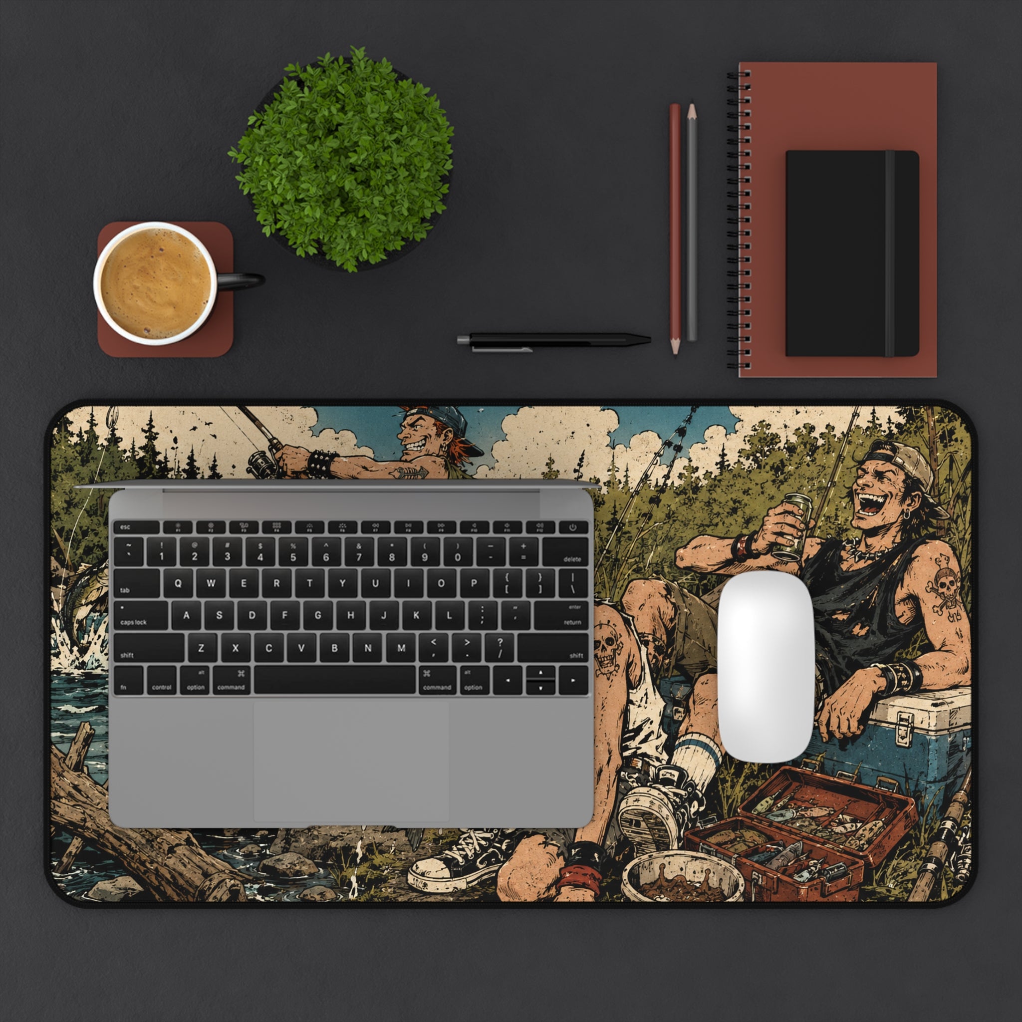 River Rats Fishing Desk Mat, Punk Anime Angler Mouse Pad, Rustic Outdoor River Scene, Fisherman Gift, Large Gaming Mouse Pad, Office Decor