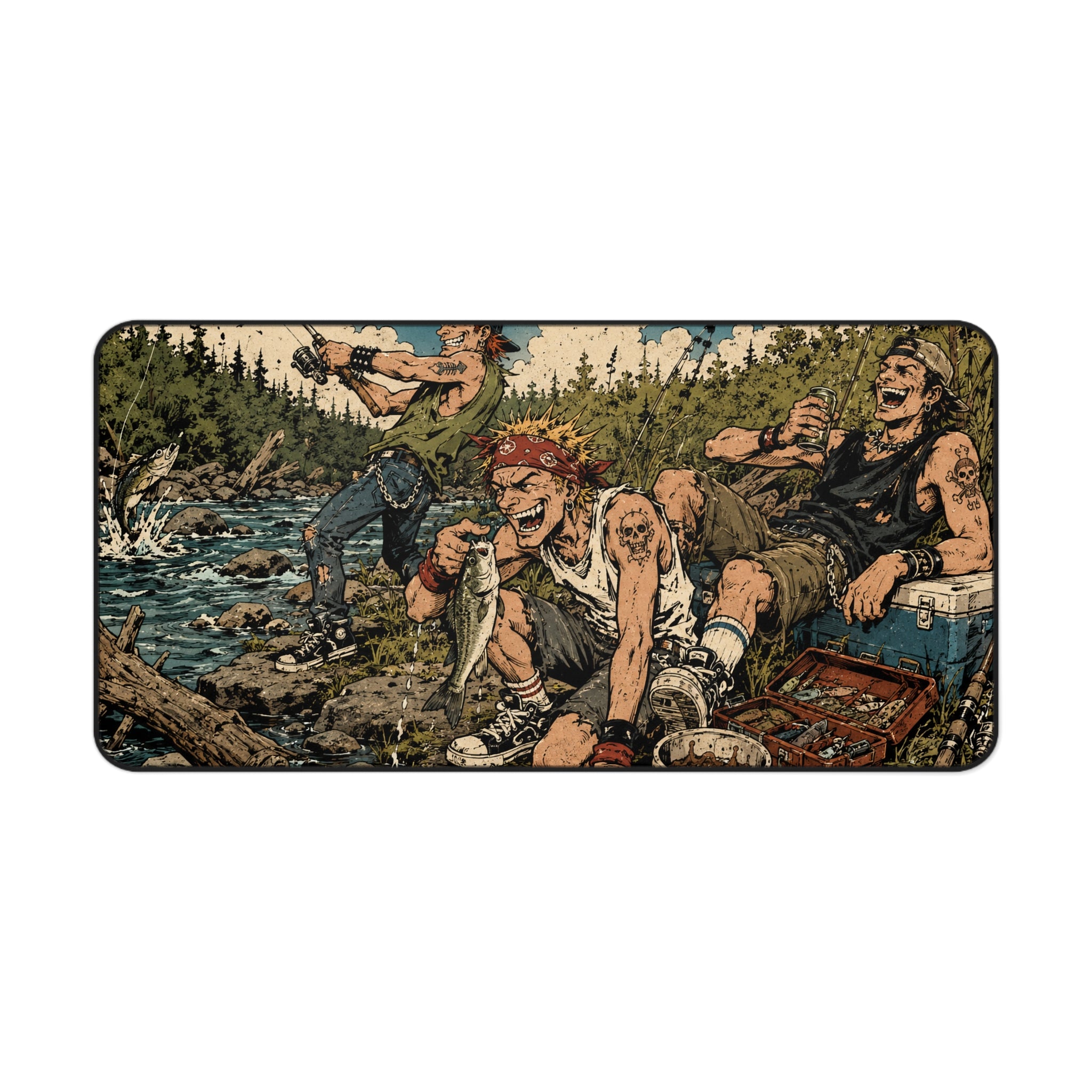 River Rats Fishing Desk Mat, Punk Anime Angler Mouse Pad, Rustic Outdoor River Scene, Fisherman Gift, Large Gaming Mouse Pad, Office Decor