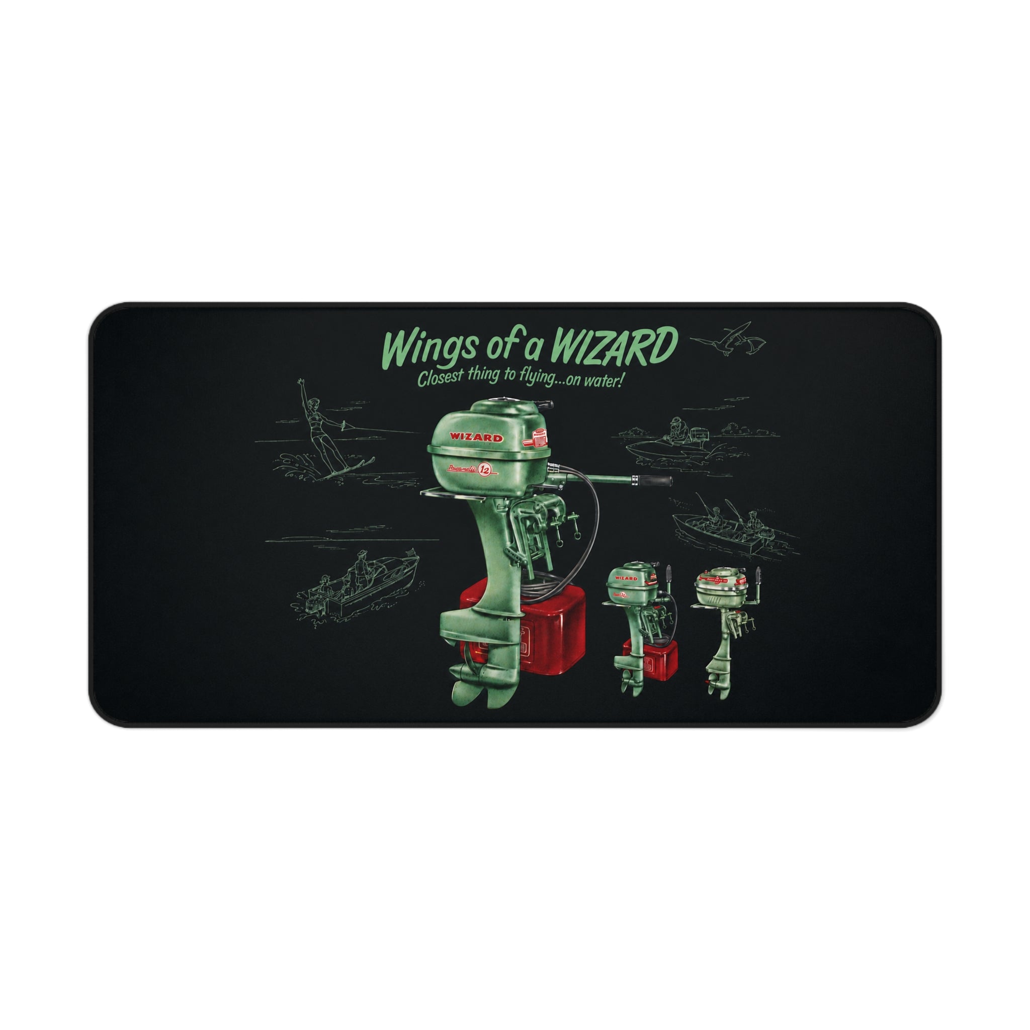 Vintage Wizard Outboard Motor Desk Mat, Retro Boat Ad Mouse Pad, Classic Marine Office Decor, Boater Gift, Large Desk Mat