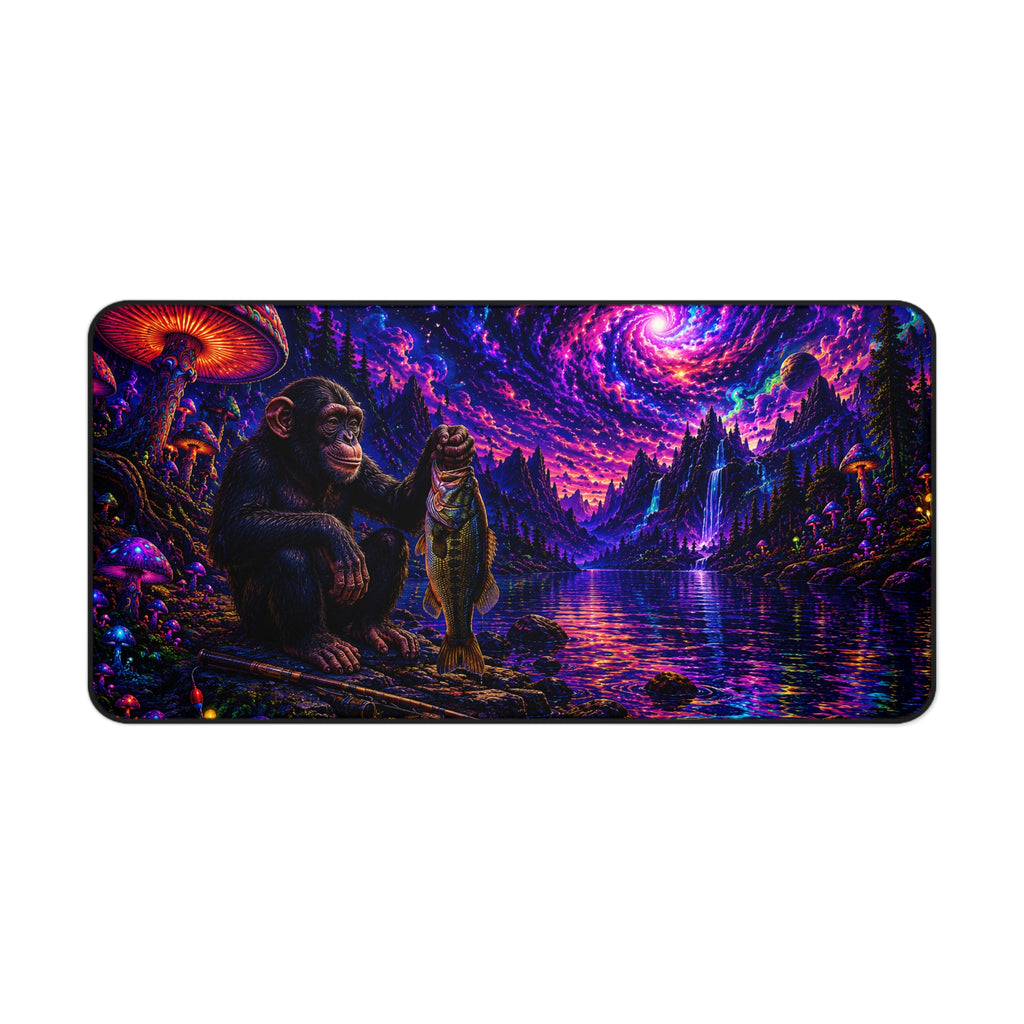 Psychedelic Nightscape Chimp Fishing Desk Mat | Cosmic Mushroom Lake