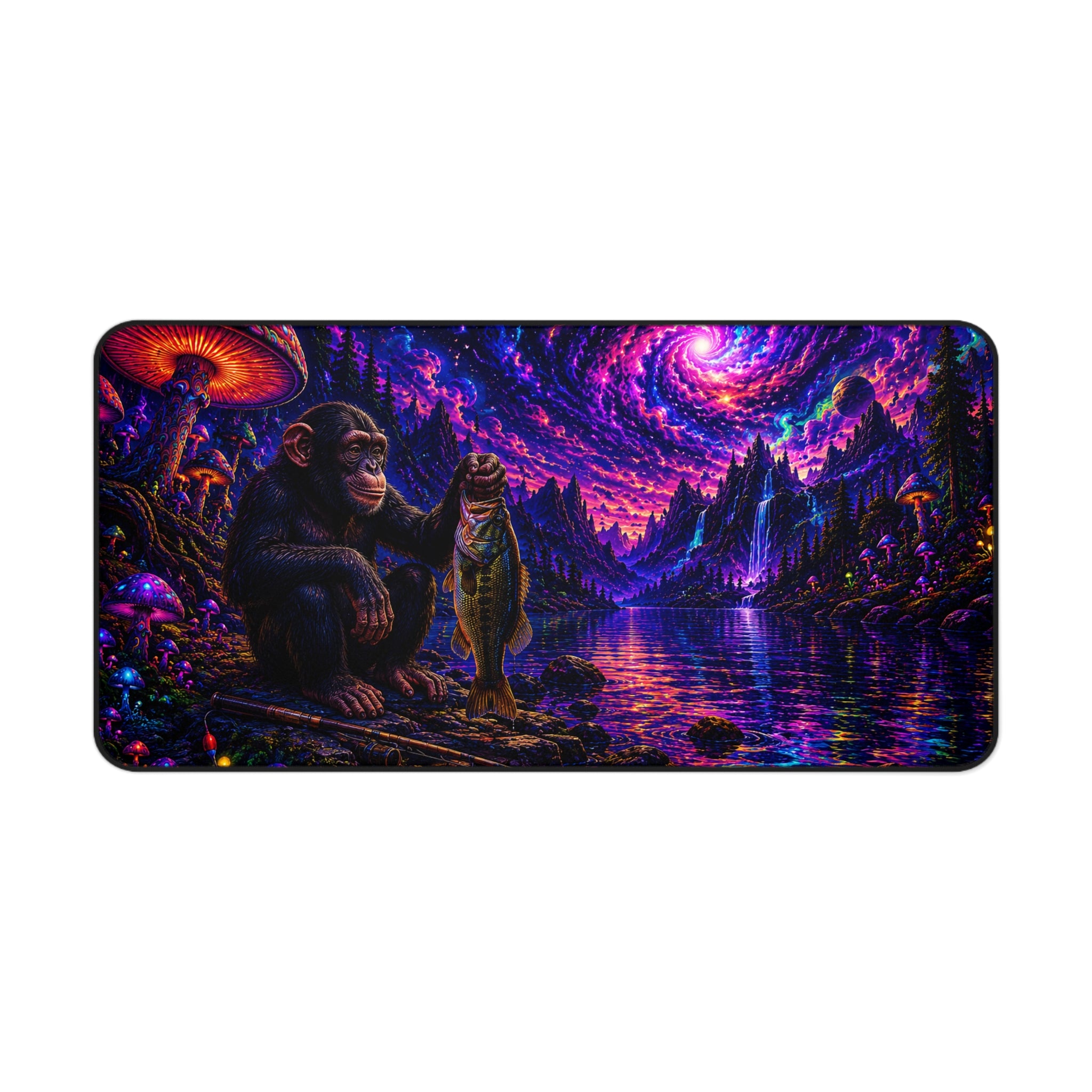 Psychedelic Nightscape Chimp Fishing Desk Mat | Cosmic Mushroom Lake