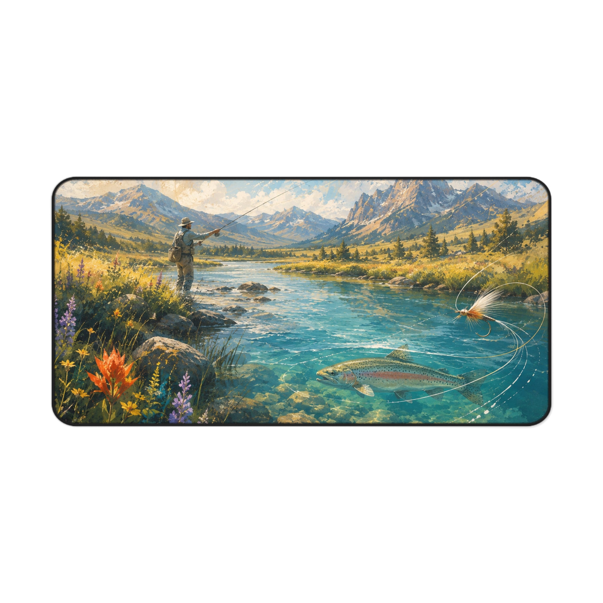 Mountain Fly Fishing Scene Desk Mat | River Trout Landscape Mousepad