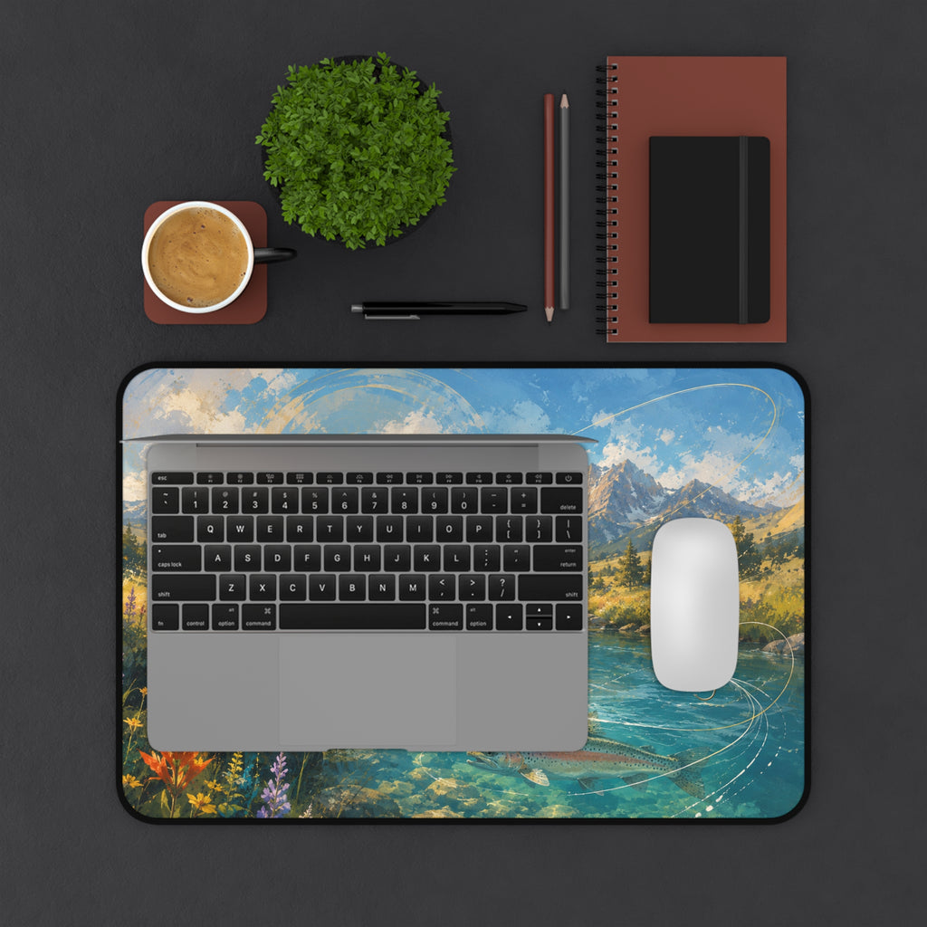 Mountain Fly Fishing Scene Desk Mat | River Trout Landscape Mousepad