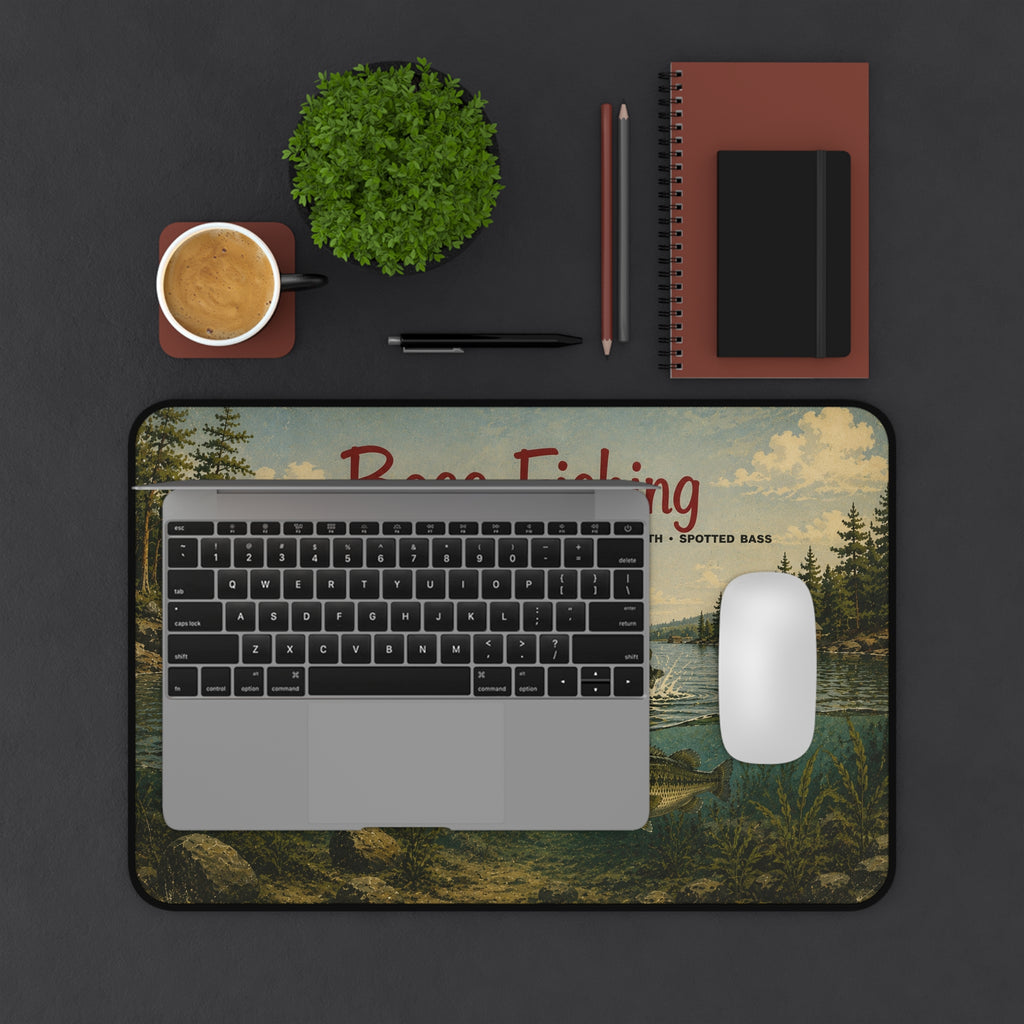 Bass Fishing Vintage Lake Scene Desk Mat | Fisherman Boat Illustration