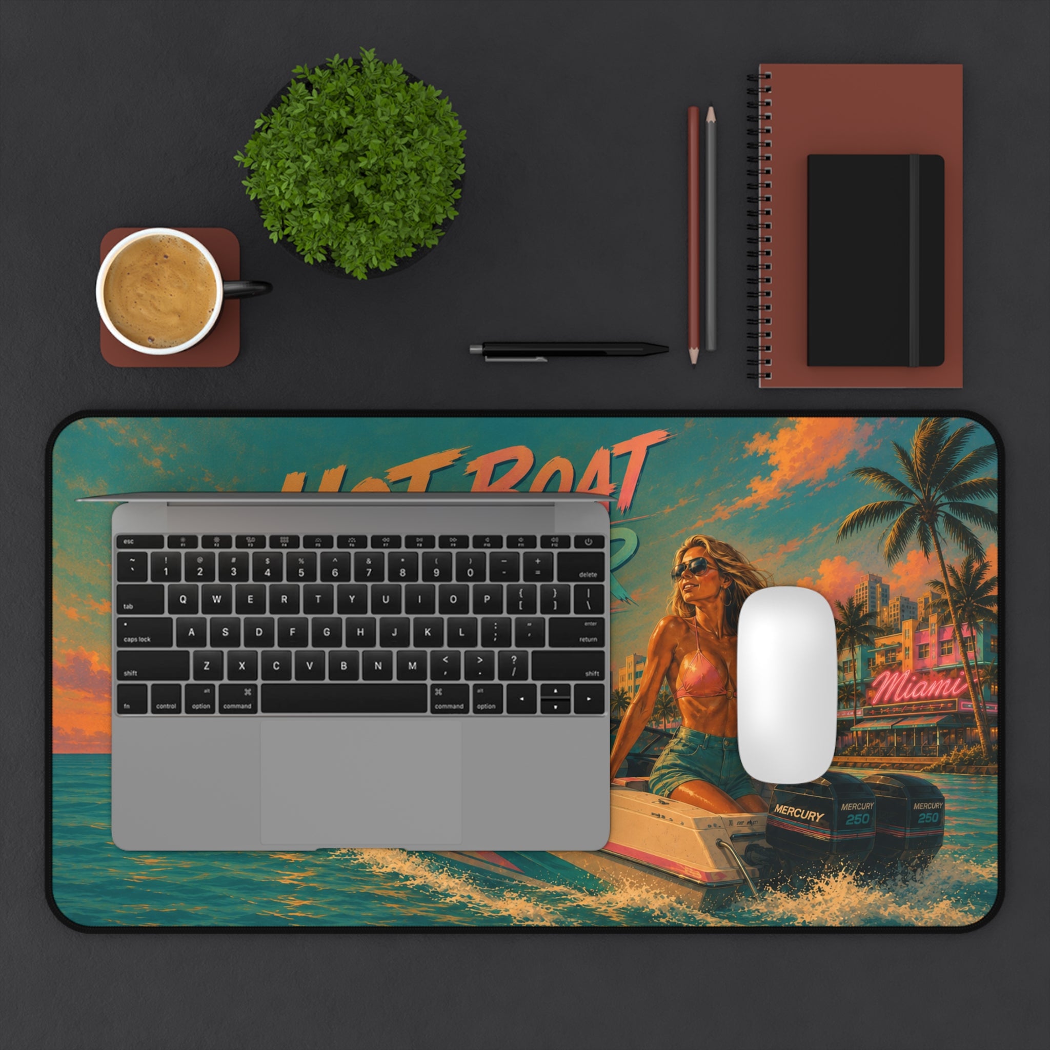 Hot Boat Summer desk mat | retro beach sunset, speedboat pinup art