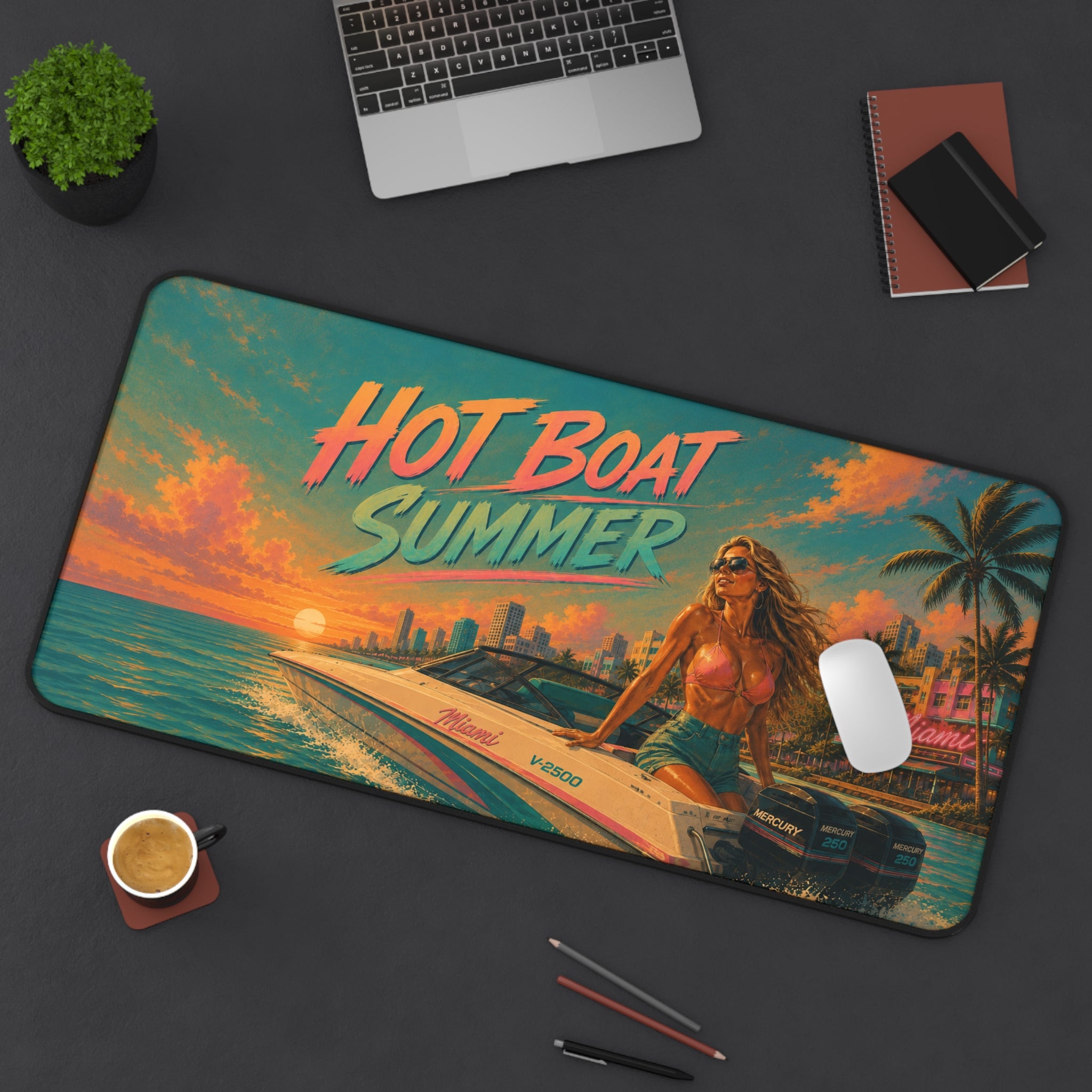 Hot Boat Summer desk mat | retro beach sunset, speedboat pinup art