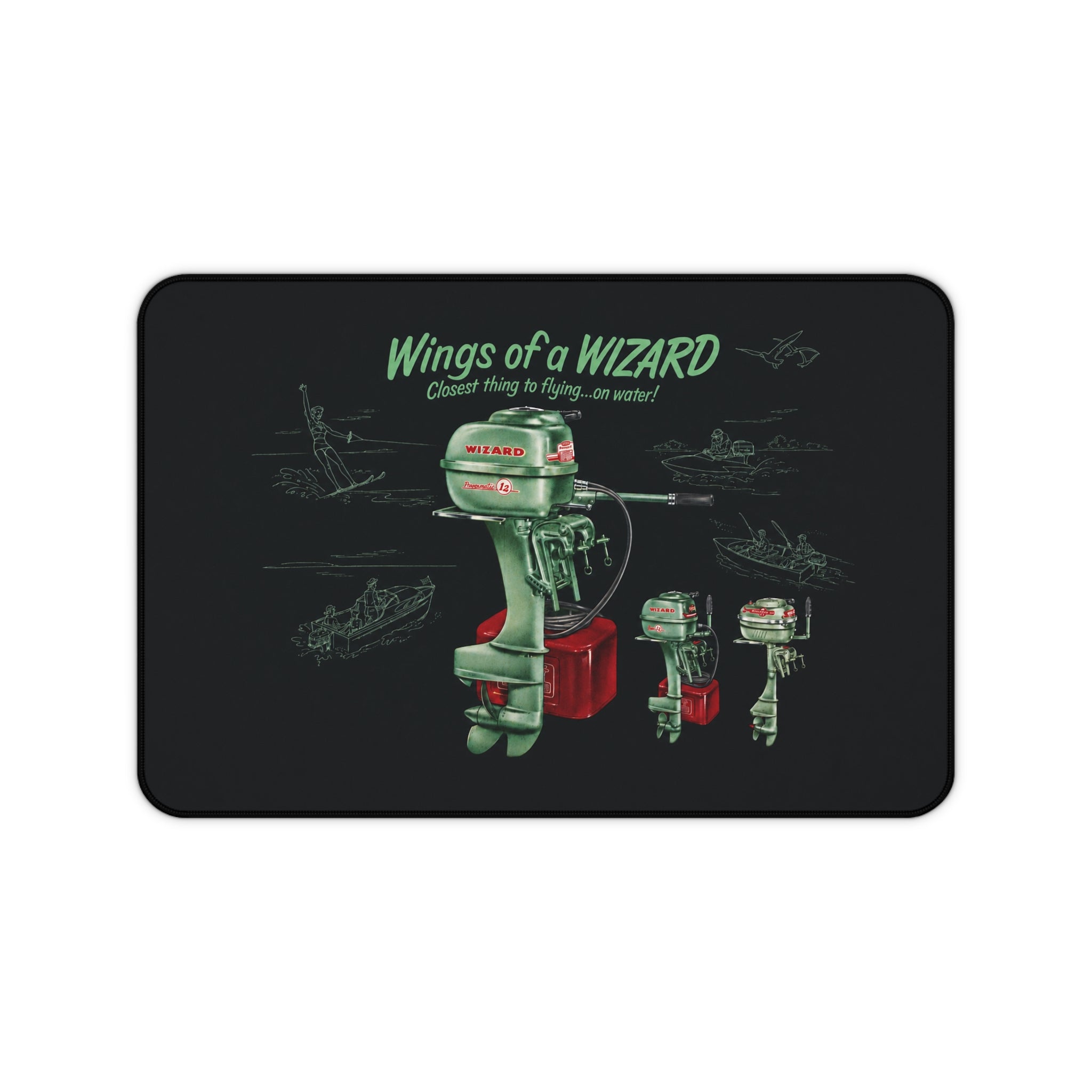 Vintage Wizard Outboard Motor Desk Mat, Retro Boat Ad Mouse Pad, Classic Marine Office Decor, Boater Gift, Large Desk Mat