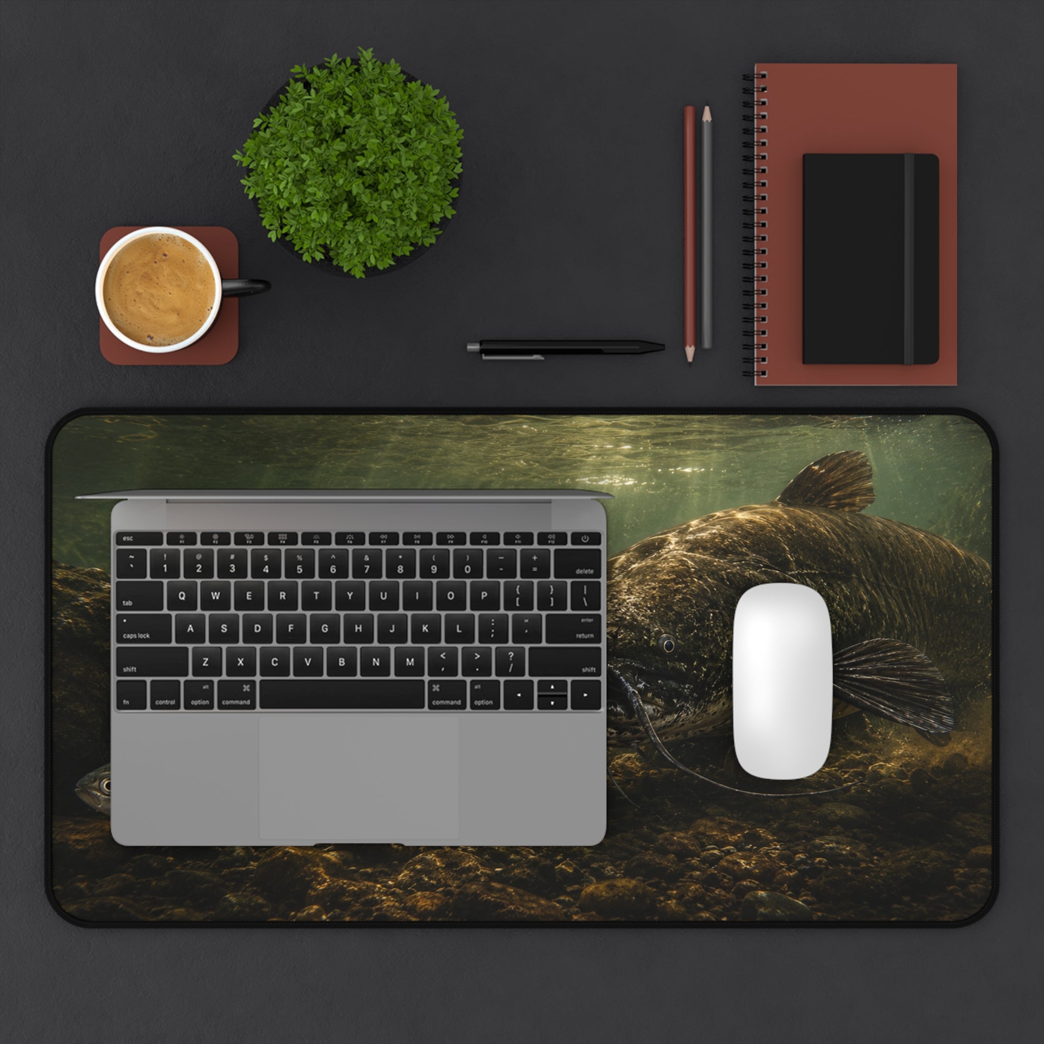 Dark Catfish Desk Mat — Thick Stitched Edge Gaming Desk Mat with Original Artwork