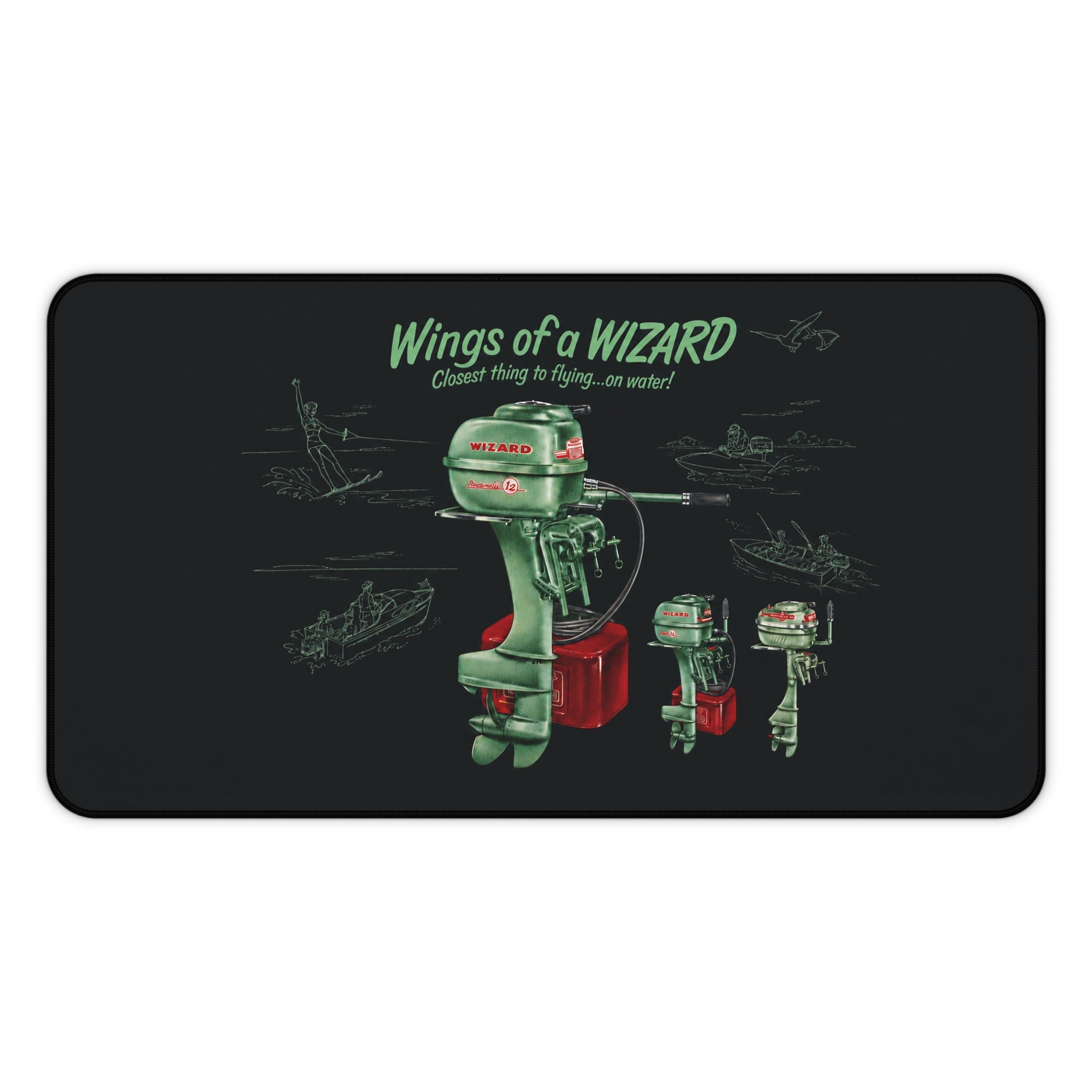 Vintage Wizard Outboard Motor Desk Mat, Retro Boat Ad Mouse Pad, Classic Marine Office Decor, Boater Gift, Large Desk Mat