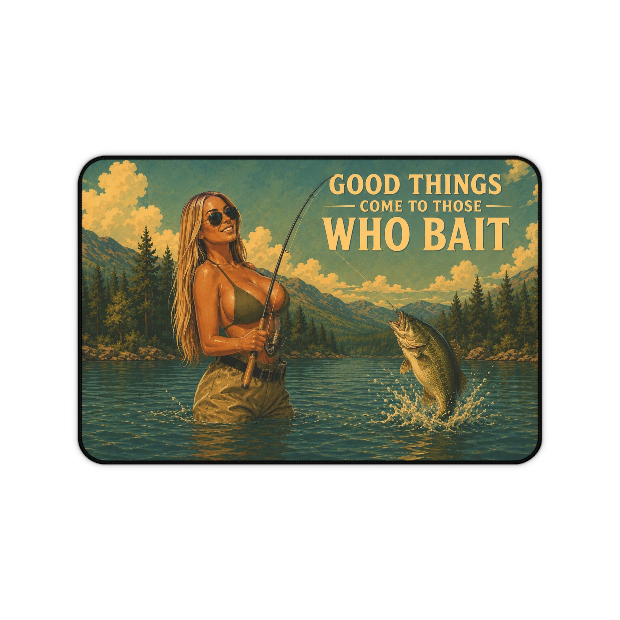Good Things Come to Those Who Bait Desk Mat | Fishing Retro Lake Illustration