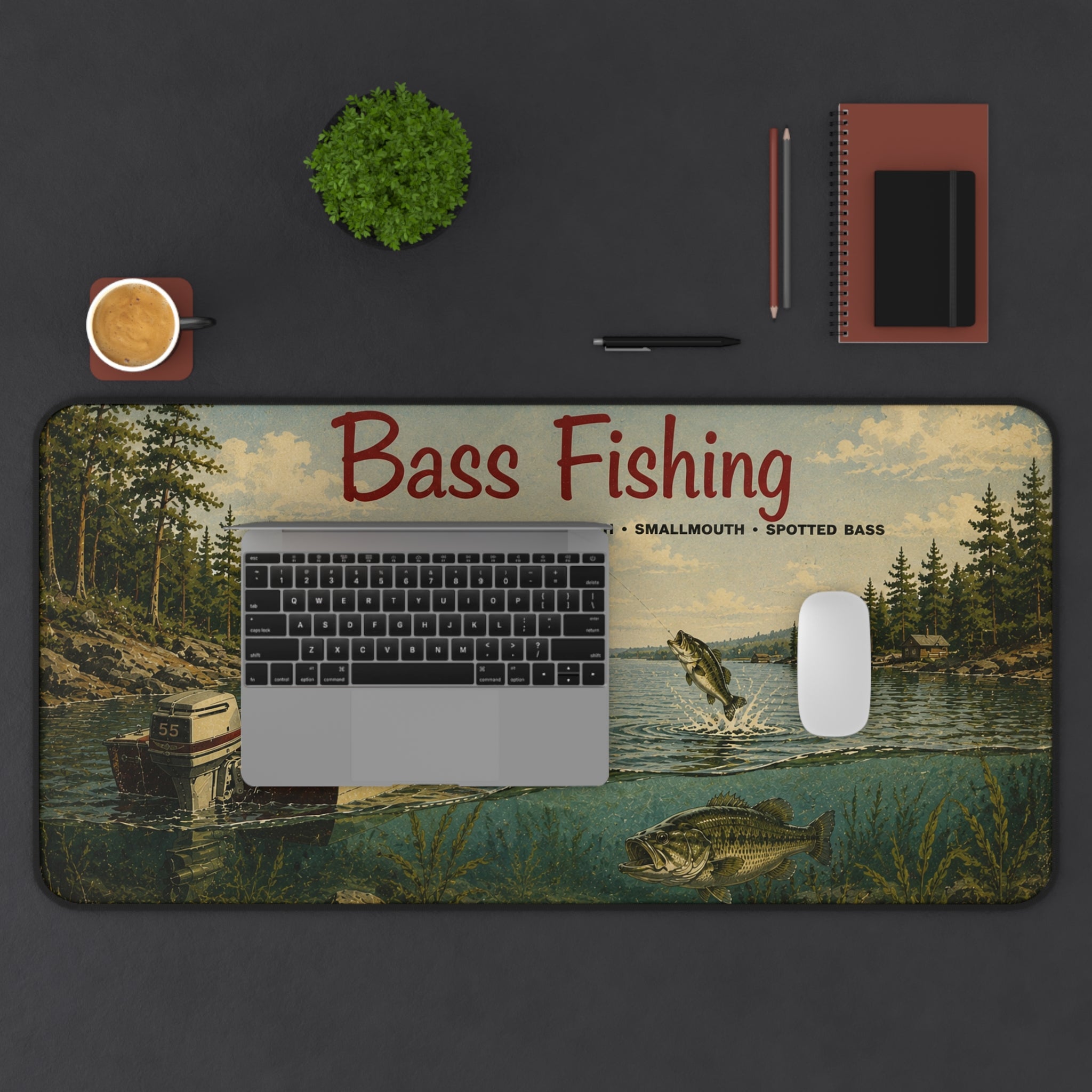 Bass Fishing Vintage Lake Scene Desk Mat | Fisherman Boat Illustration