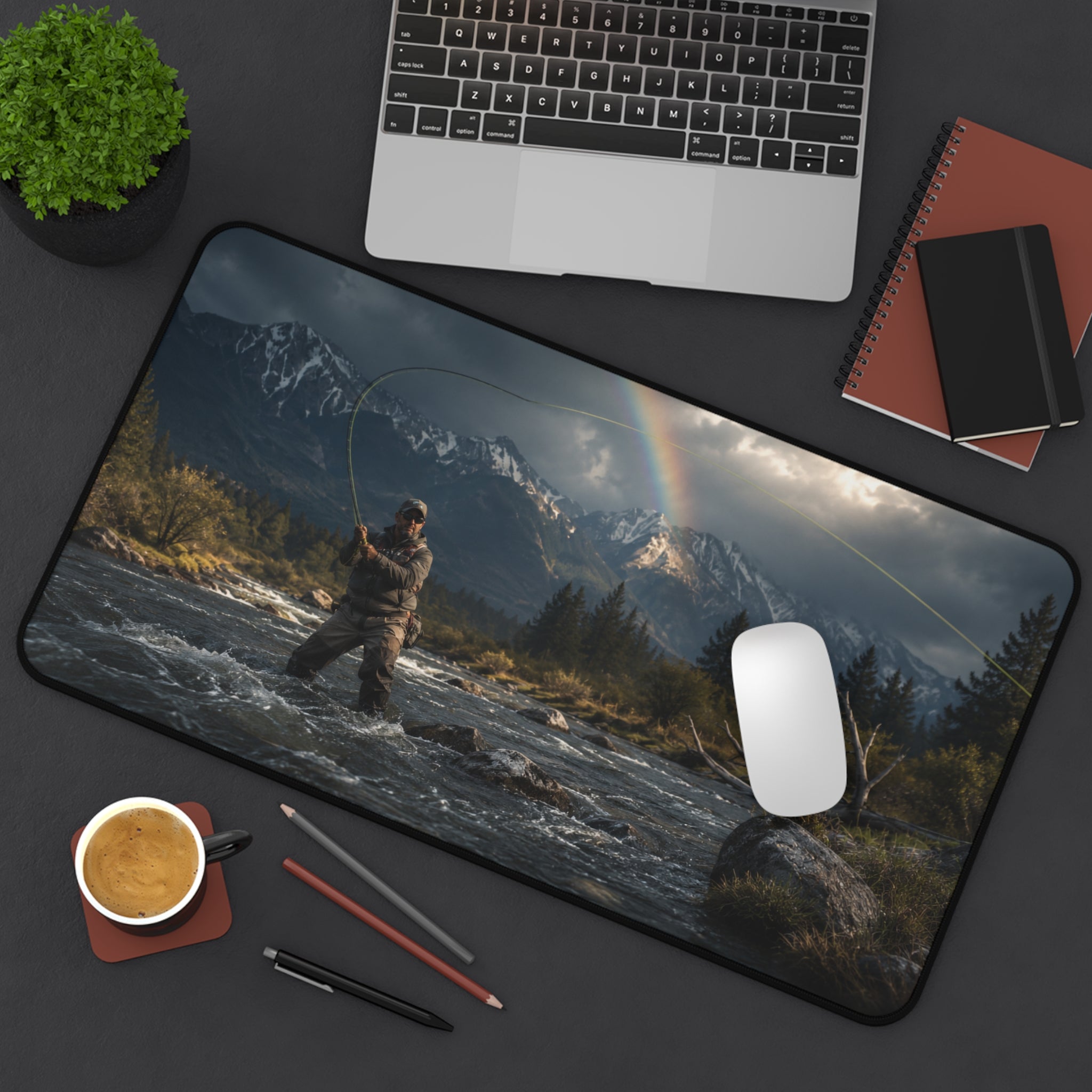 Fly Fishing Desk Mat, Fly Fisherman Gift, Mountain River Mouse Pad, Trout Angler Gaming Mat, Rainbow Fishing Office Decor