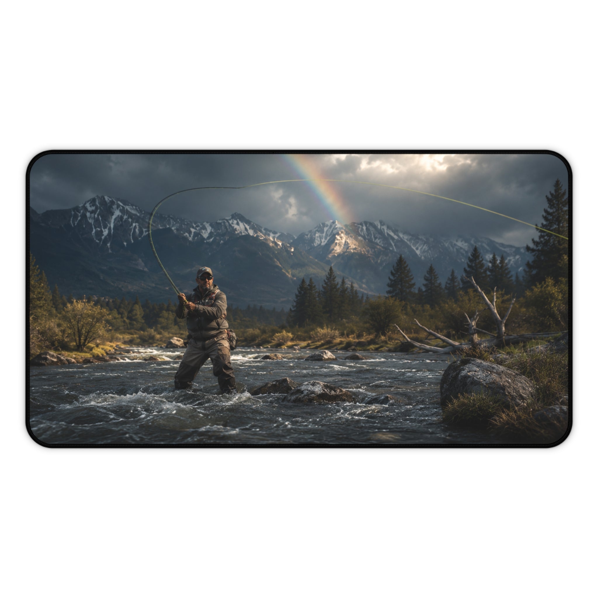Fly Fishing Desk Mat, Fly Fisherman Gift, Mountain River Mouse Pad, Trout Angler Gaming Mat, Rainbow Fishing Office Decor
