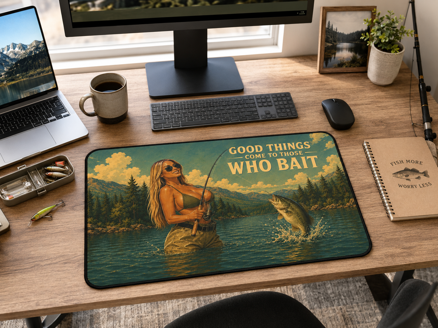 Good Things Come to Those Who Bait Desk Mat | Fishing Retro Lake Illustration