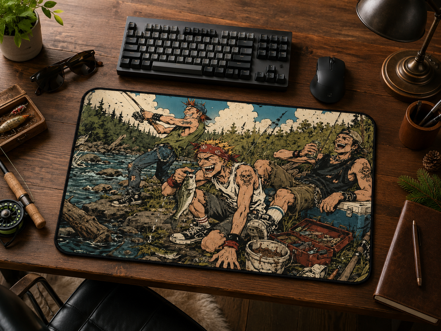 River Rats Fishing Desk Mat, Punk Anime Angler Mouse Pad, Rustic Outdoor River Scene, Fisherman Gift, Large Gaming Mouse Pad, Office Decor