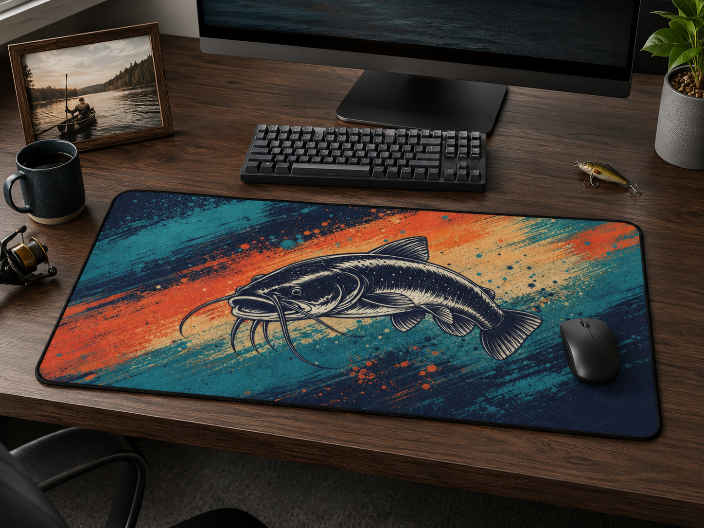 Catfish Chaos Desk Mat, Fishing Mouse Pad, Colorful Catfish Art Desk Pad, Angler Gift, Outdoor Office Decor, Oversized Gaming Mat