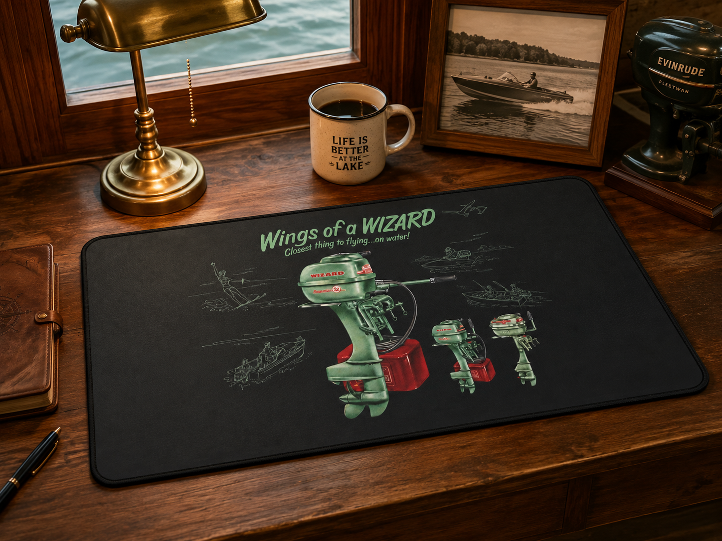 Vintage Wizard Outboard Motor Desk Mat, Retro Boat Ad Mouse Pad, Classic Marine Office Decor, Boater Gift, Large Desk Mat