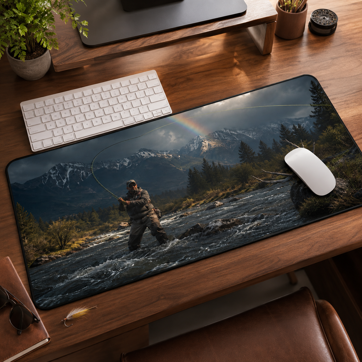 Fly Fishing Desk Mat, Fly Fisherman Gift, Mountain River Mouse Pad, Trout Angler Gaming Mat, Rainbow Fishing Office Decor