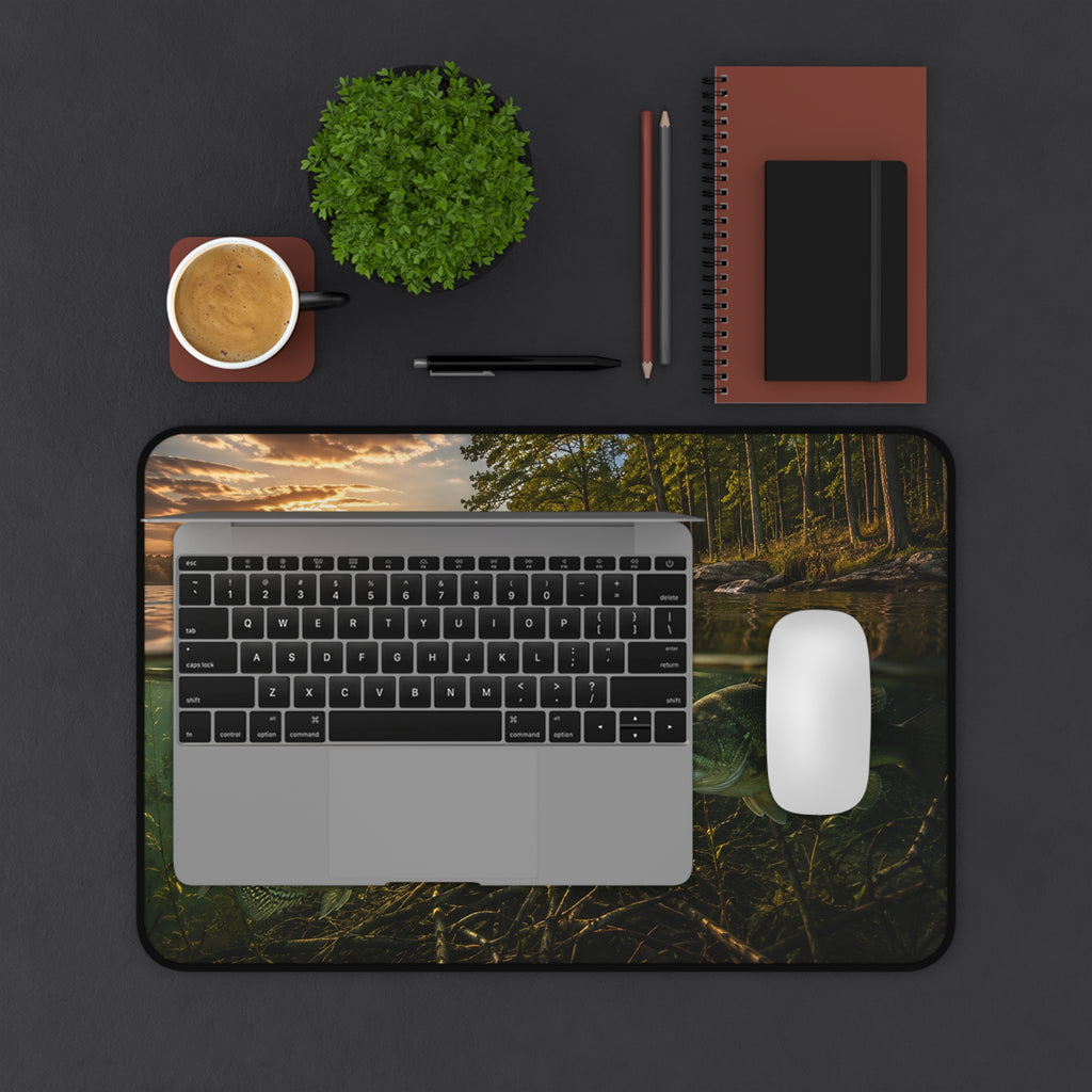 Underwater Lake Fish Scene Desk Mat | Sunset Shoreline, Crappie and Bass