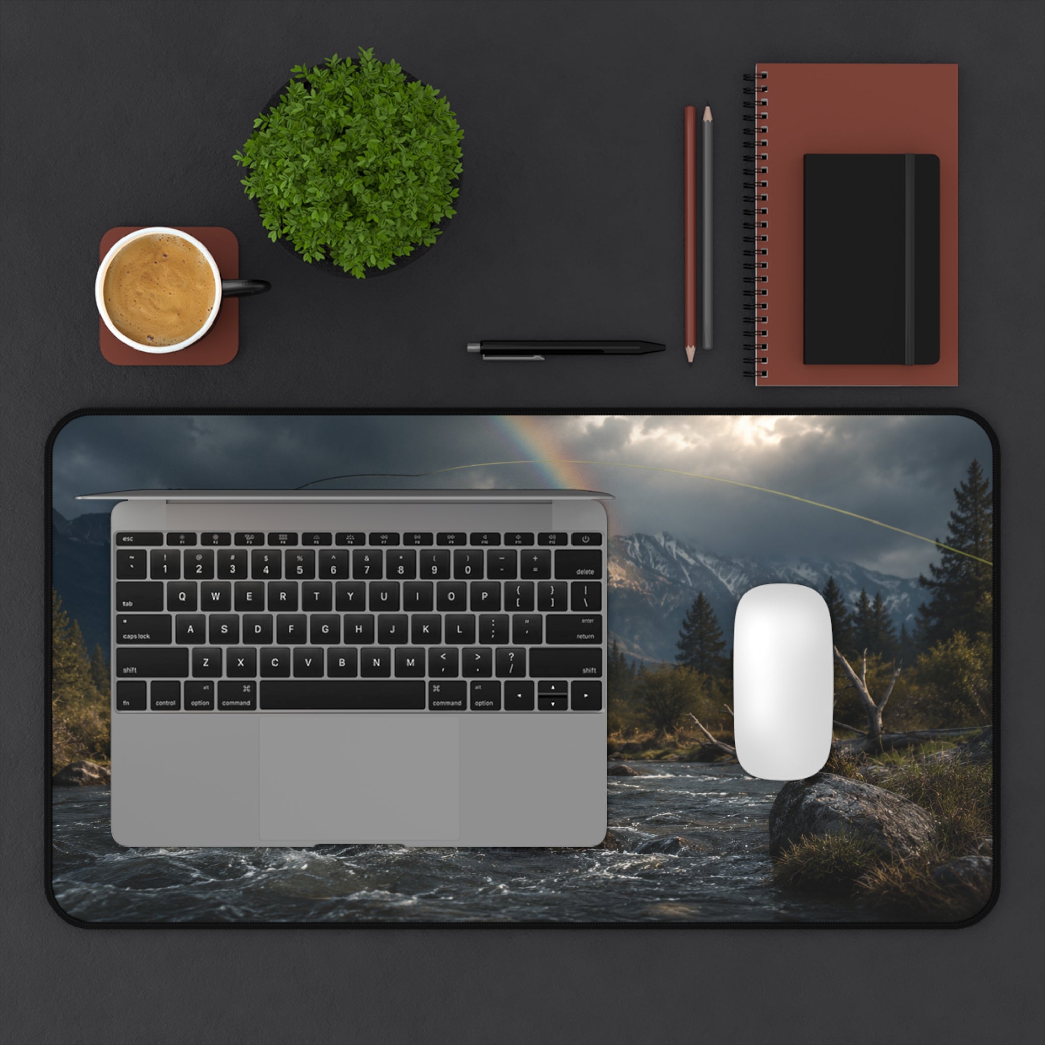 Fly Fishing Desk Mat, Fly Fisherman Gift, Mountain River Mouse Pad, Trout Angler Gaming Mat, Rainbow Fishing Office Decor