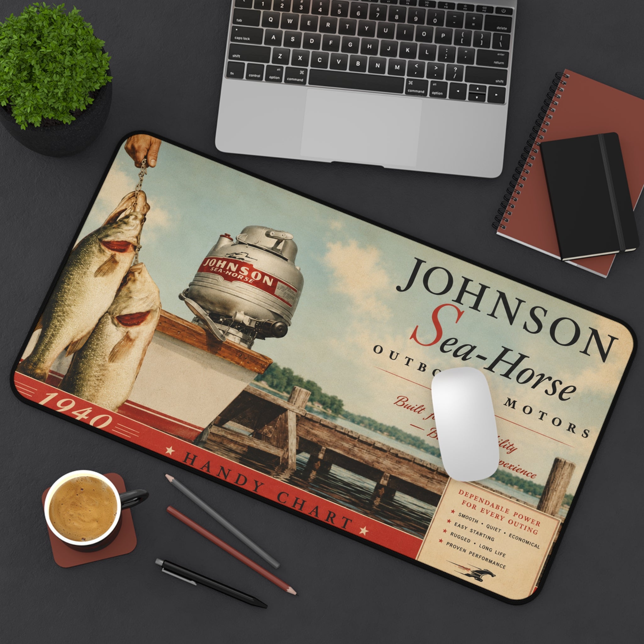 Vintage Johnson Sea-Horse Outboard Motor Desk Mat | 1940 Fishing Dock Art