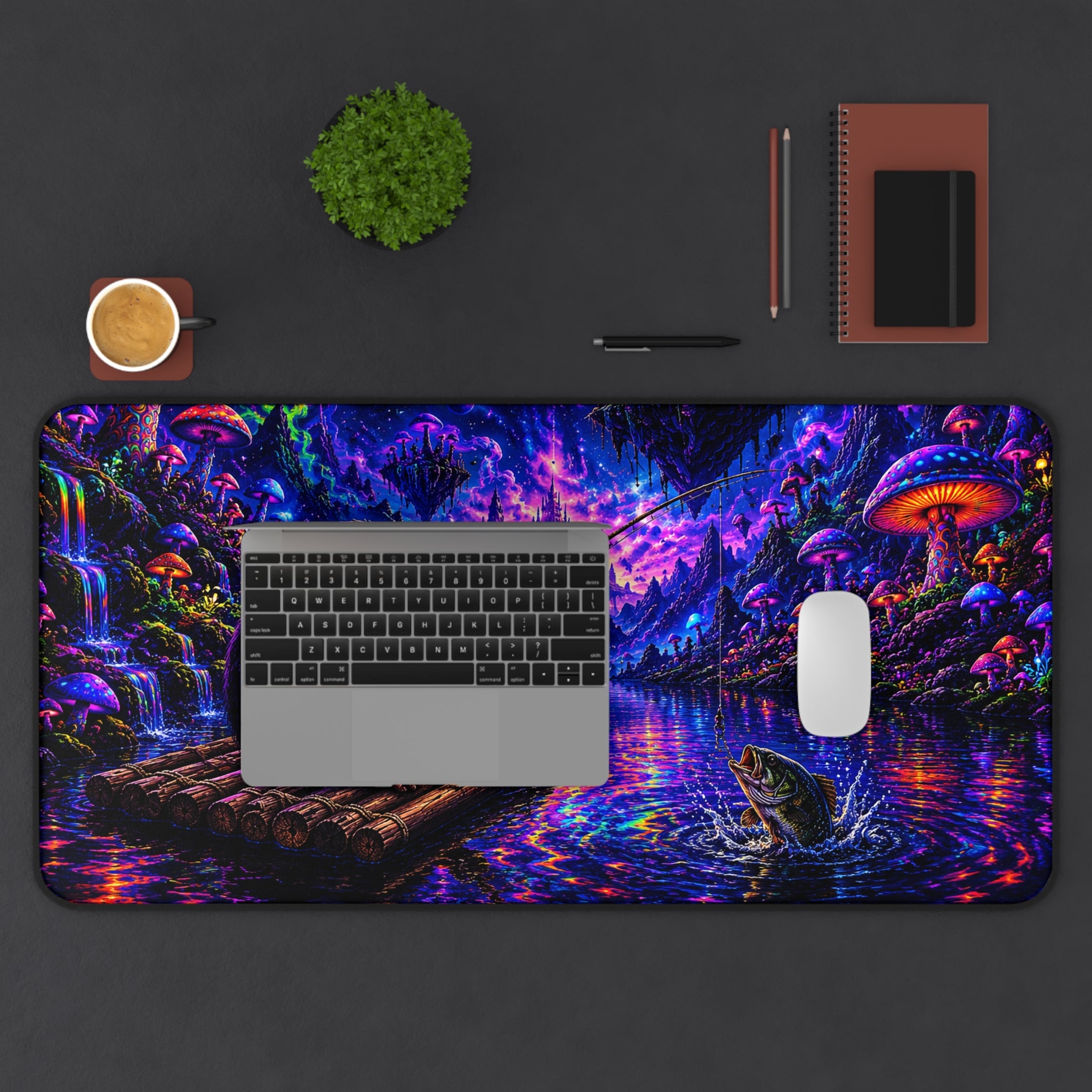 Psychedelic Night Fishing Desk Mat — Neon Mushroom Galaxy Mouse Pad