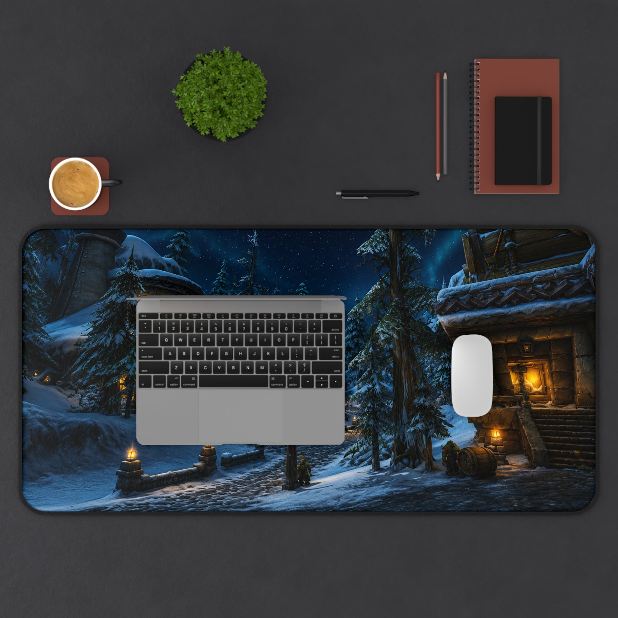 Snowy Village Night Desk Mat | Winter Cottage Landscape