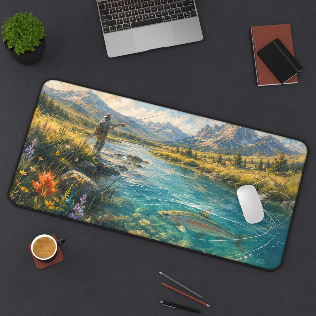 Mountain Fly Fishing Scene Desk Mat | River Trout Landscape Mousepad