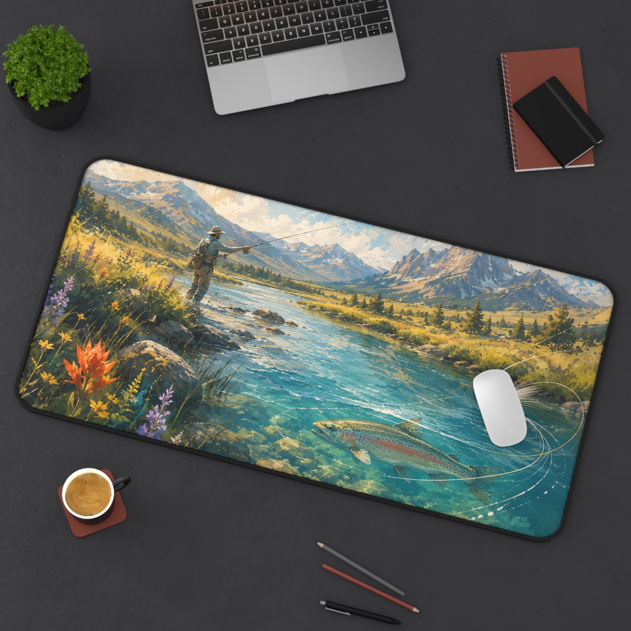 Mountain Fly Fishing Scene Desk Mat | River Trout Landscape Mousepad