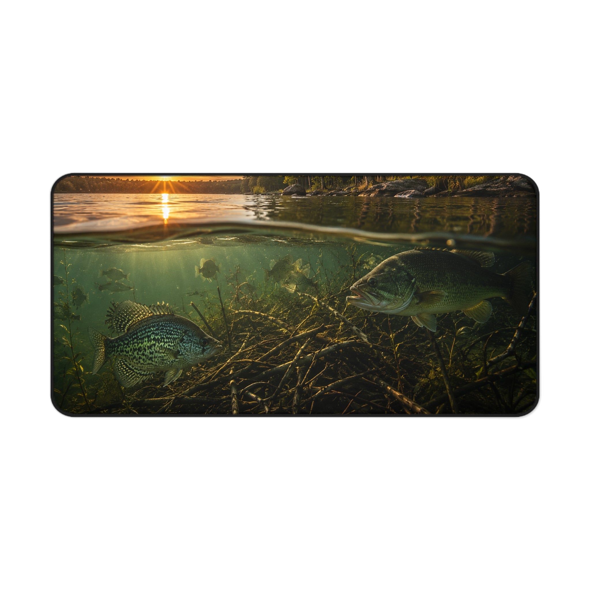 Underwater Lake Fish Scene Desk Mat | Sunset Shoreline, Crappie and Bass