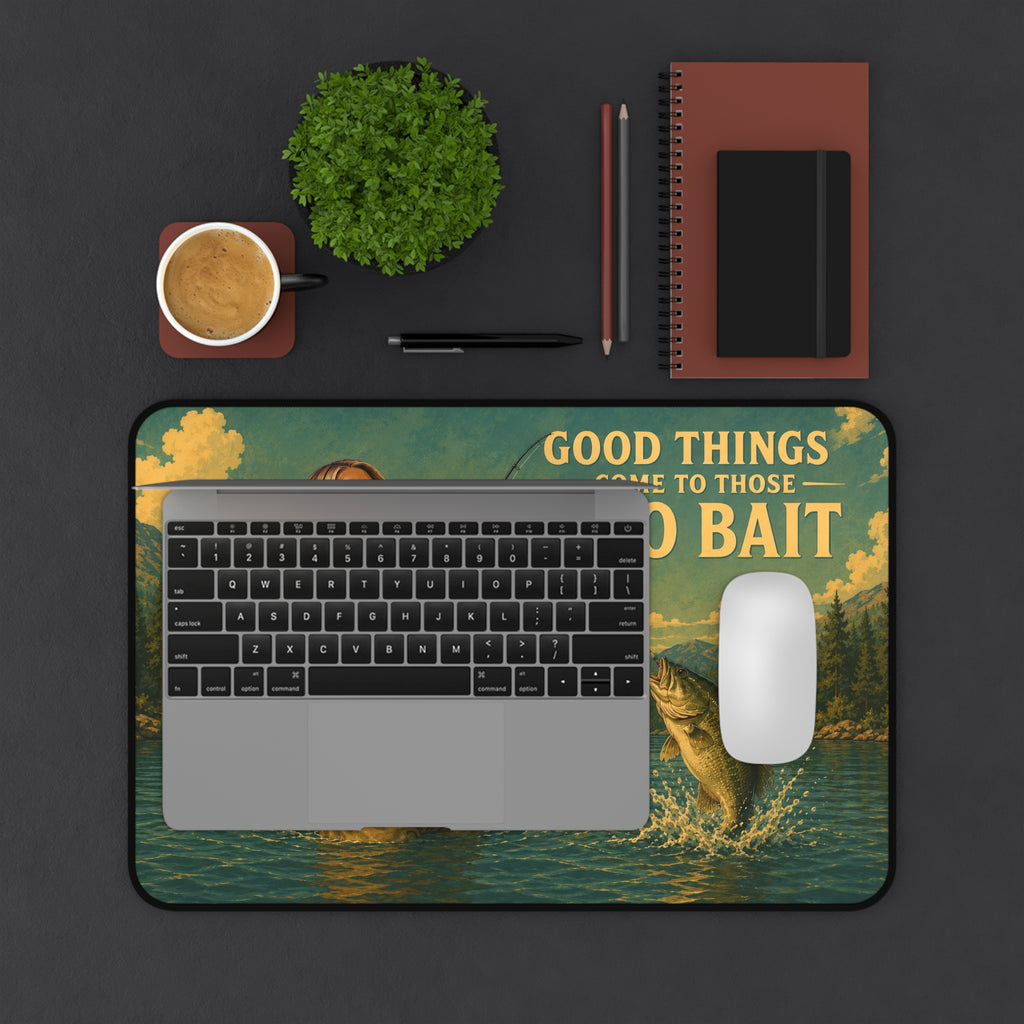 Good Things Come to Those Who Bait Desk Mat | Fishing Retro Lake Illustration