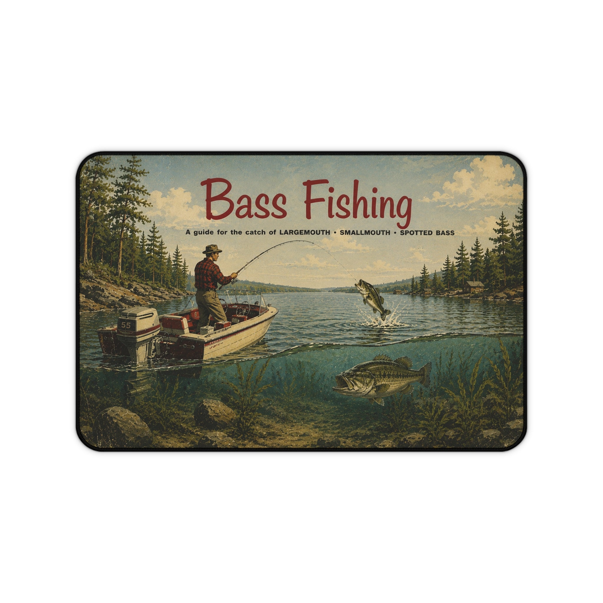 Bass Fishing Vintage Lake Scene Desk Mat | Fisherman Boat Illustration