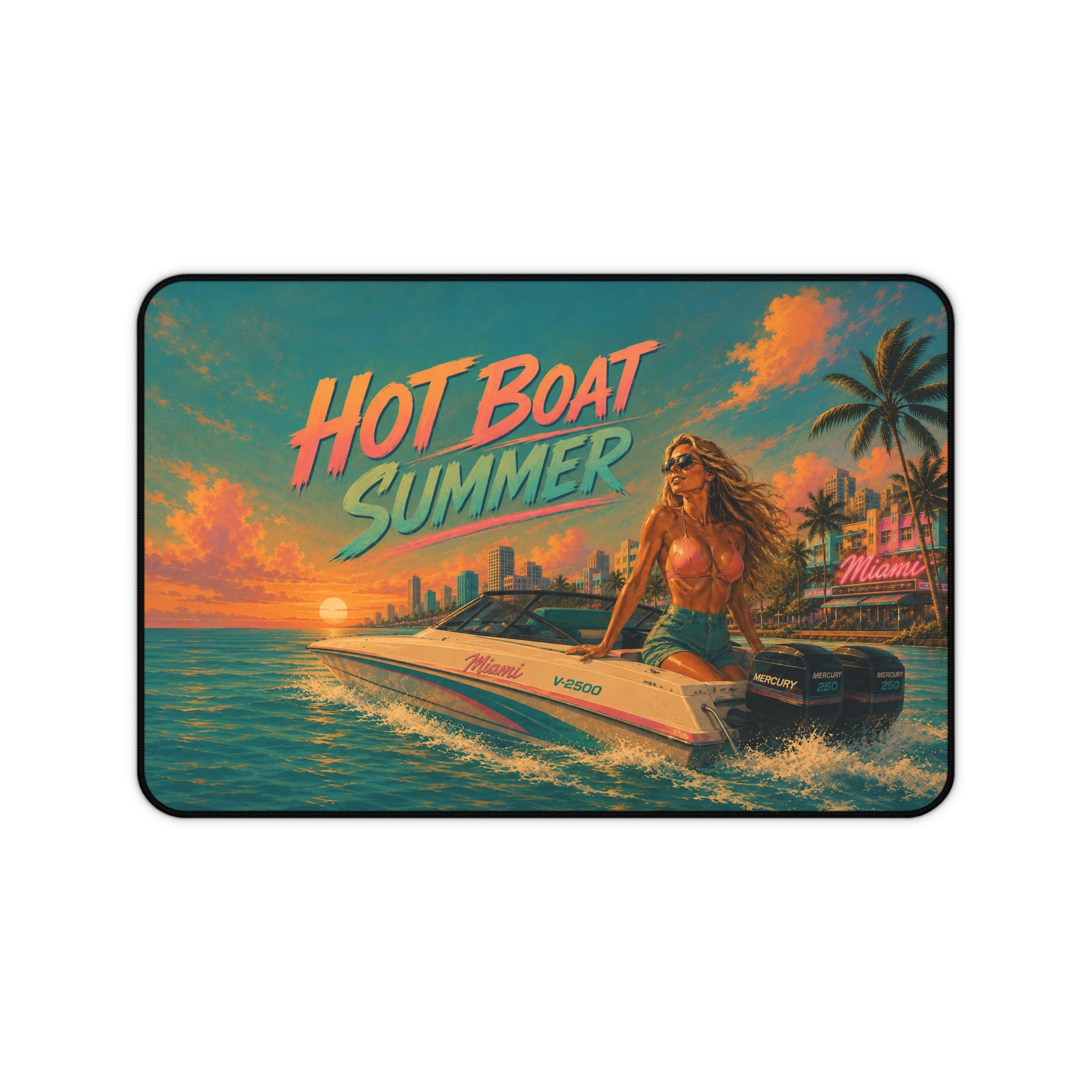 Hot Boat Summer desk mat | retro beach sunset, speedboat pinup art