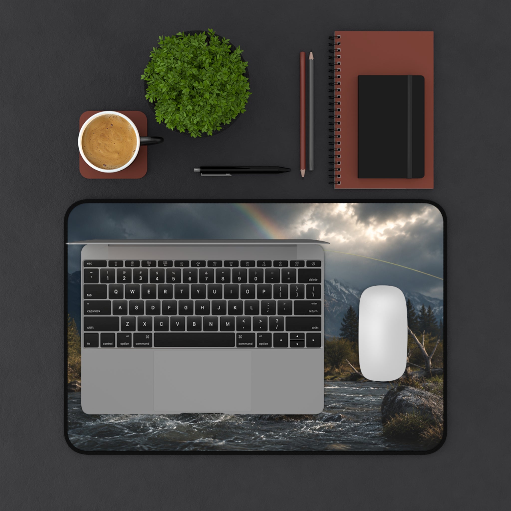 Fly Fishing Desk Mat, Fly Fisherman Gift, Mountain River Mouse Pad, Trout Angler Gaming Mat, Rainbow Fishing Office Decor