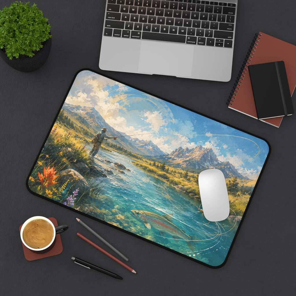 Mountain Fly Fishing Scene Desk Mat | River Trout Landscape Mousepad