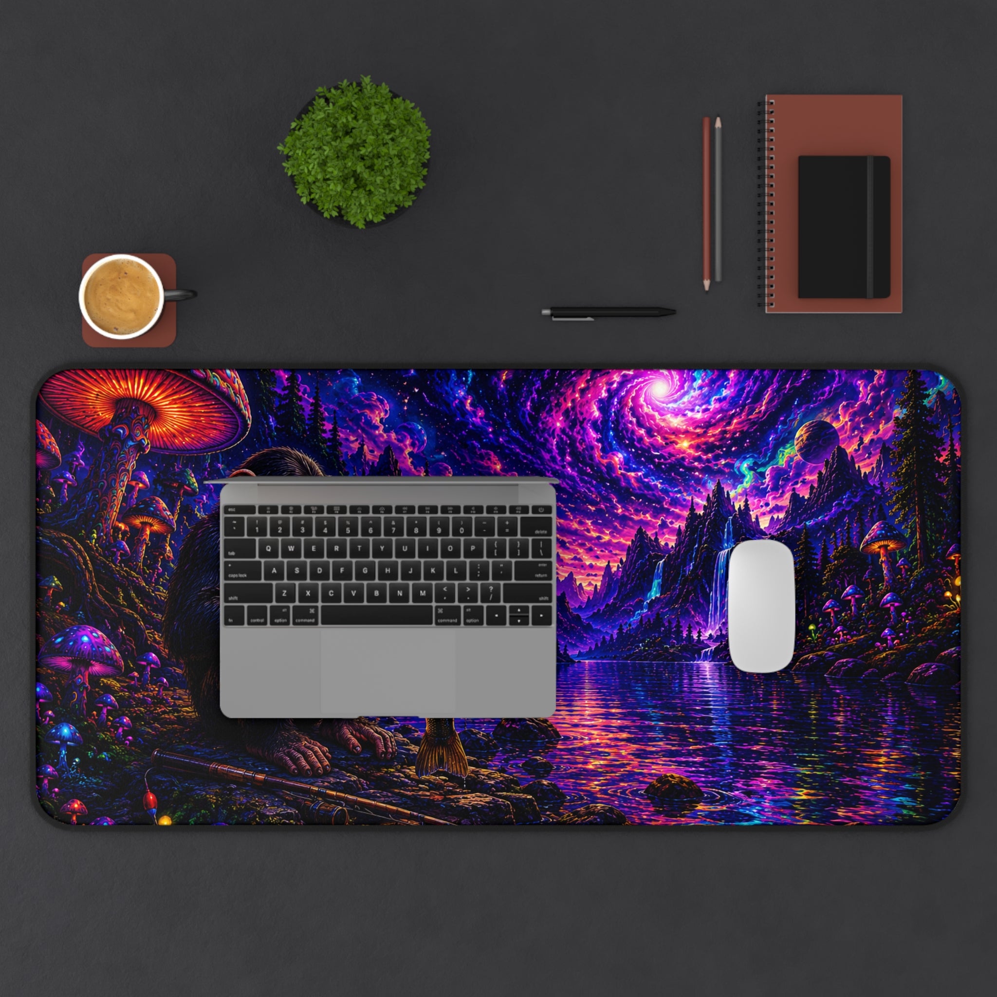 Psychedelic Nightscape Chimp Fishing Desk Mat | Cosmic Mushroom Lake