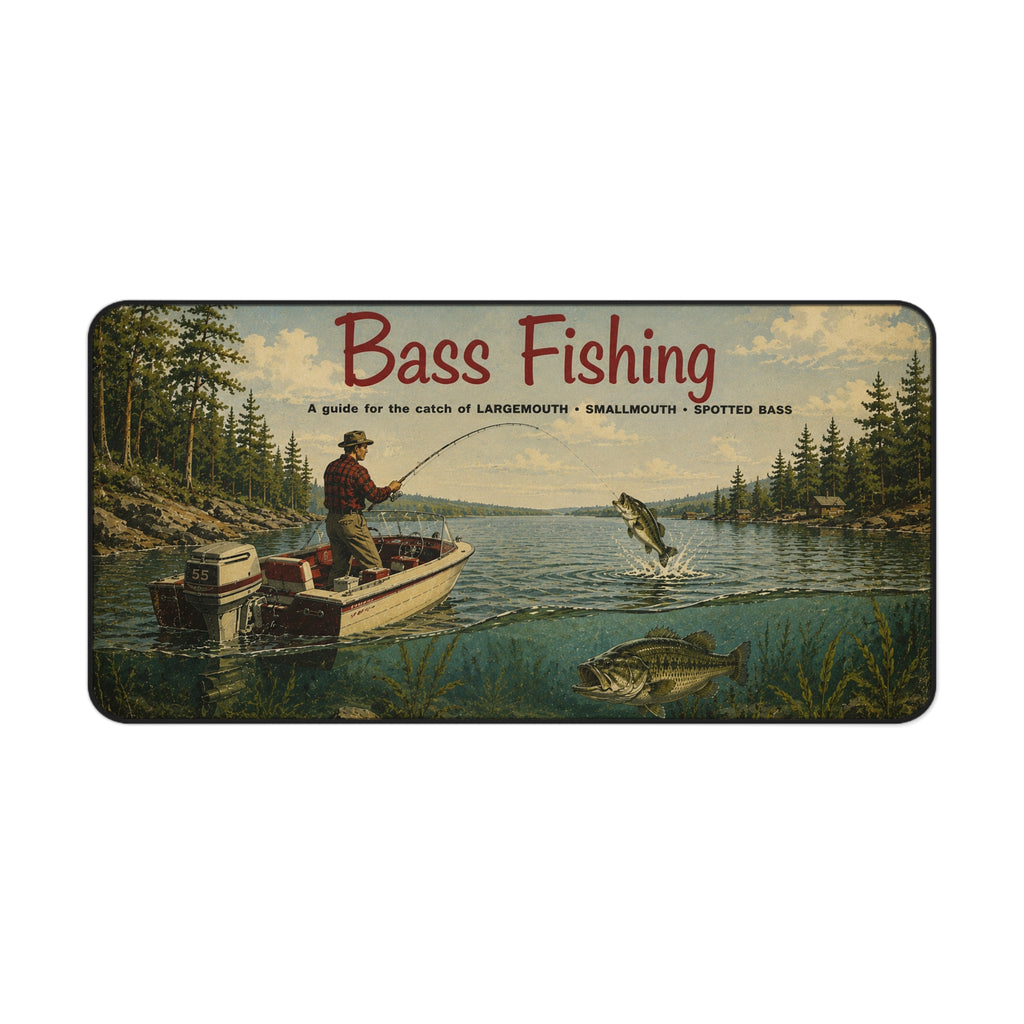 Bass Fishing Vintage Lake Scene Desk Mat | Fisherman Boat Illustration