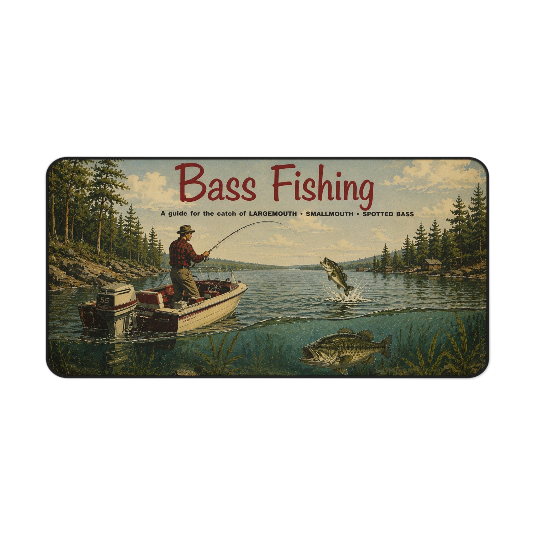 Bass Fishing Vintage Lake Scene Desk Mat | Fisherman Boat Illustration