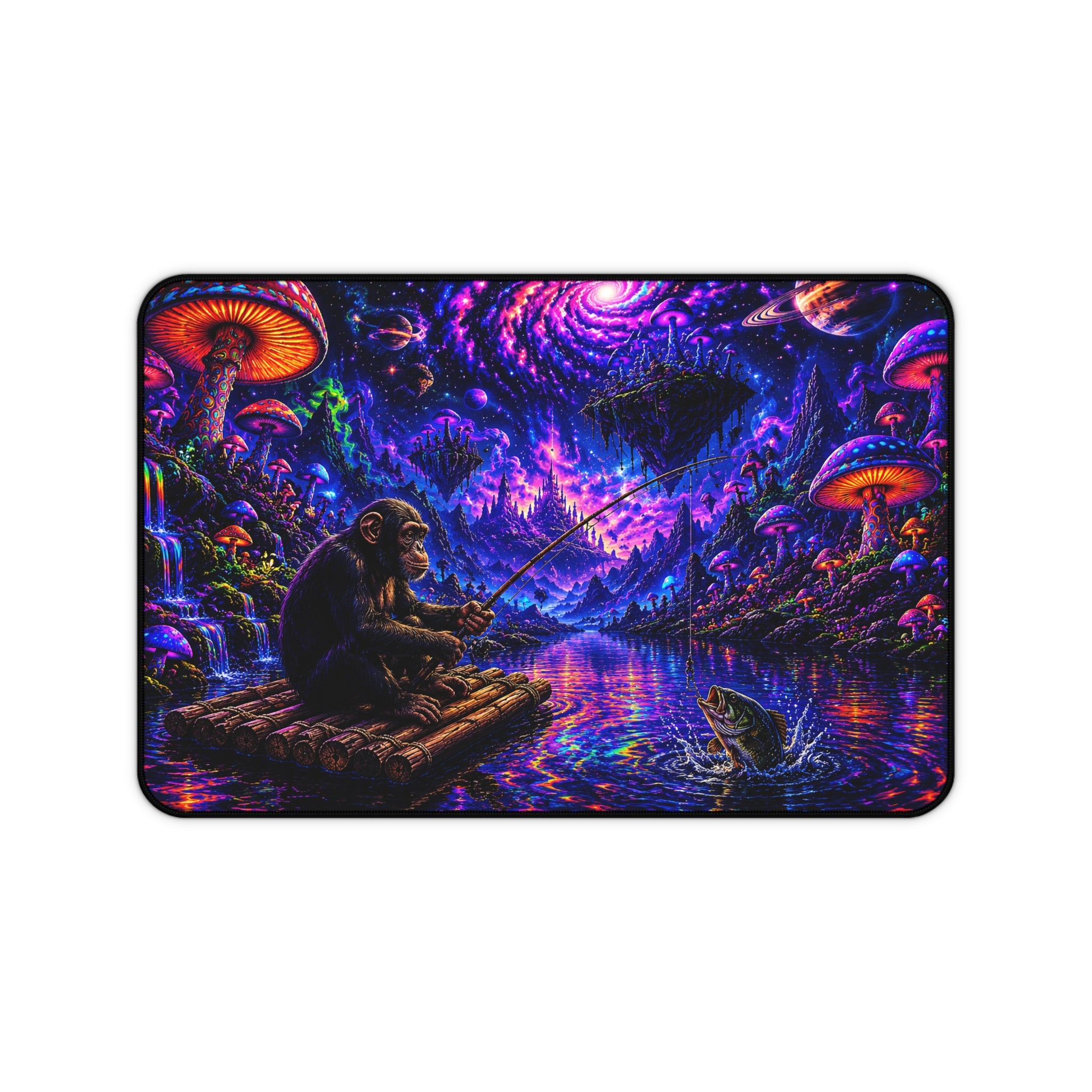 Psychedelic Night Fishing Desk Mat — Neon Mushroom Galaxy Mouse Pad