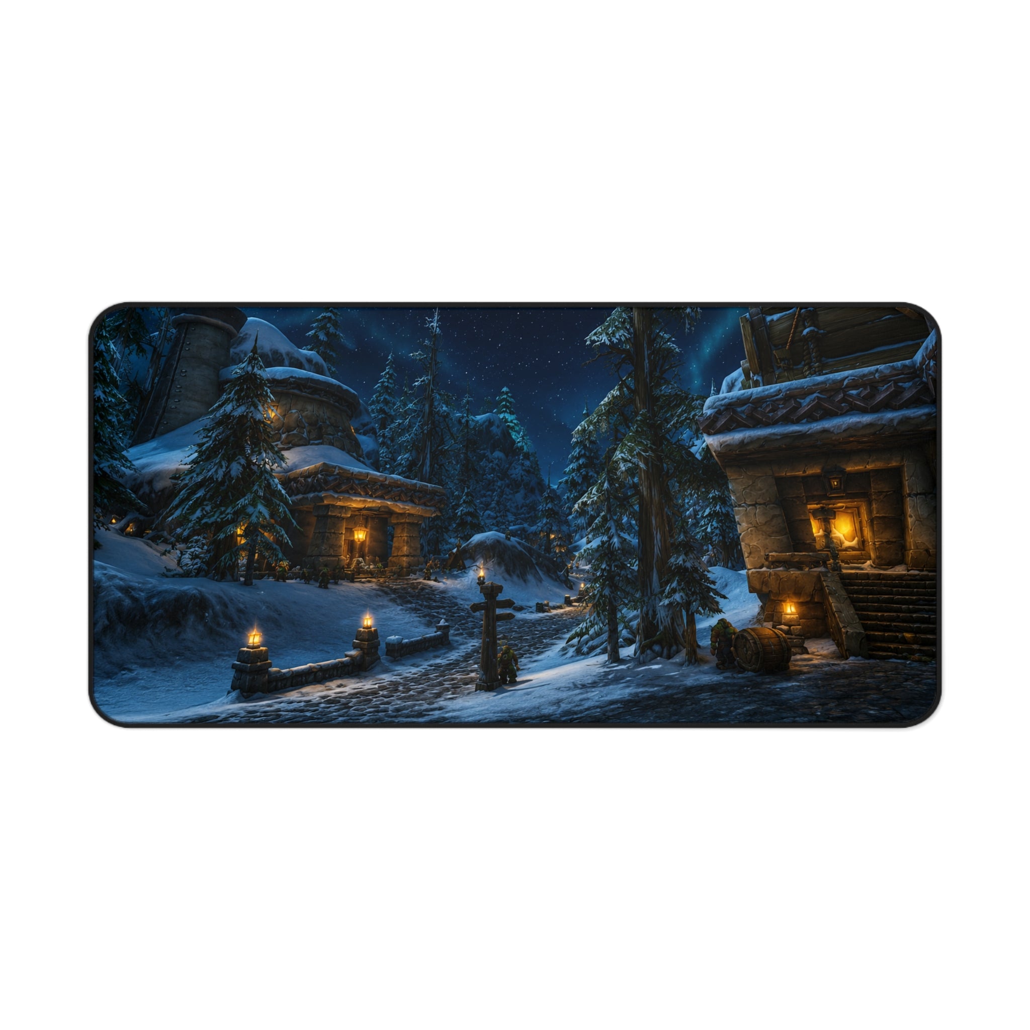 Snowy Village Night Desk Mat | Winter Cottage Landscape