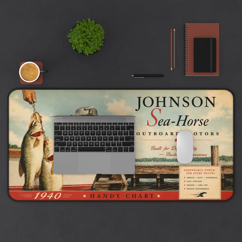 Vintage Johnson Sea-Horse Outboard Motor Desk Mat | 1940 Fishing Dock Art